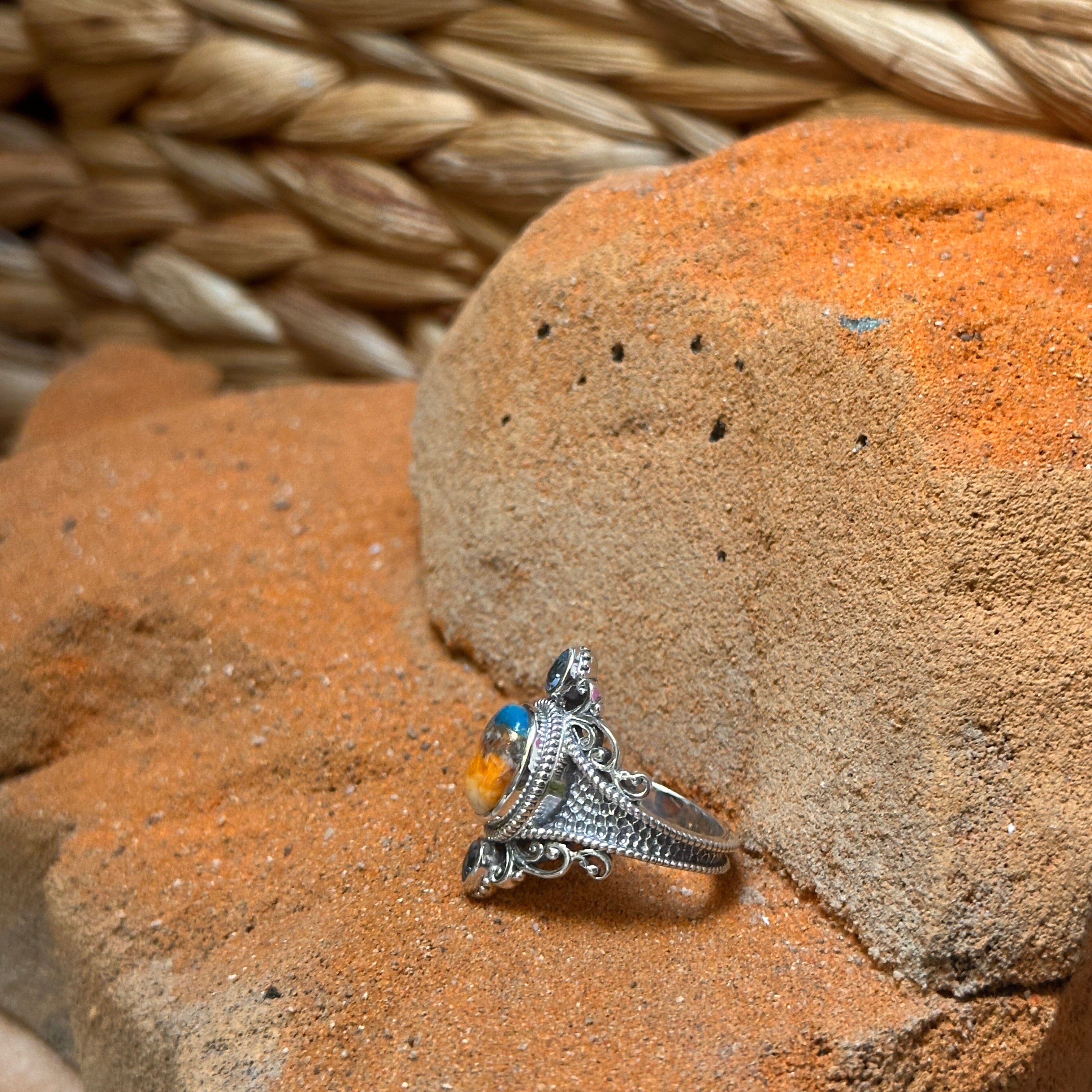 Sterling Silver Orange Spiny Turquoise & Swiss Blue Topaz Ring Size 7