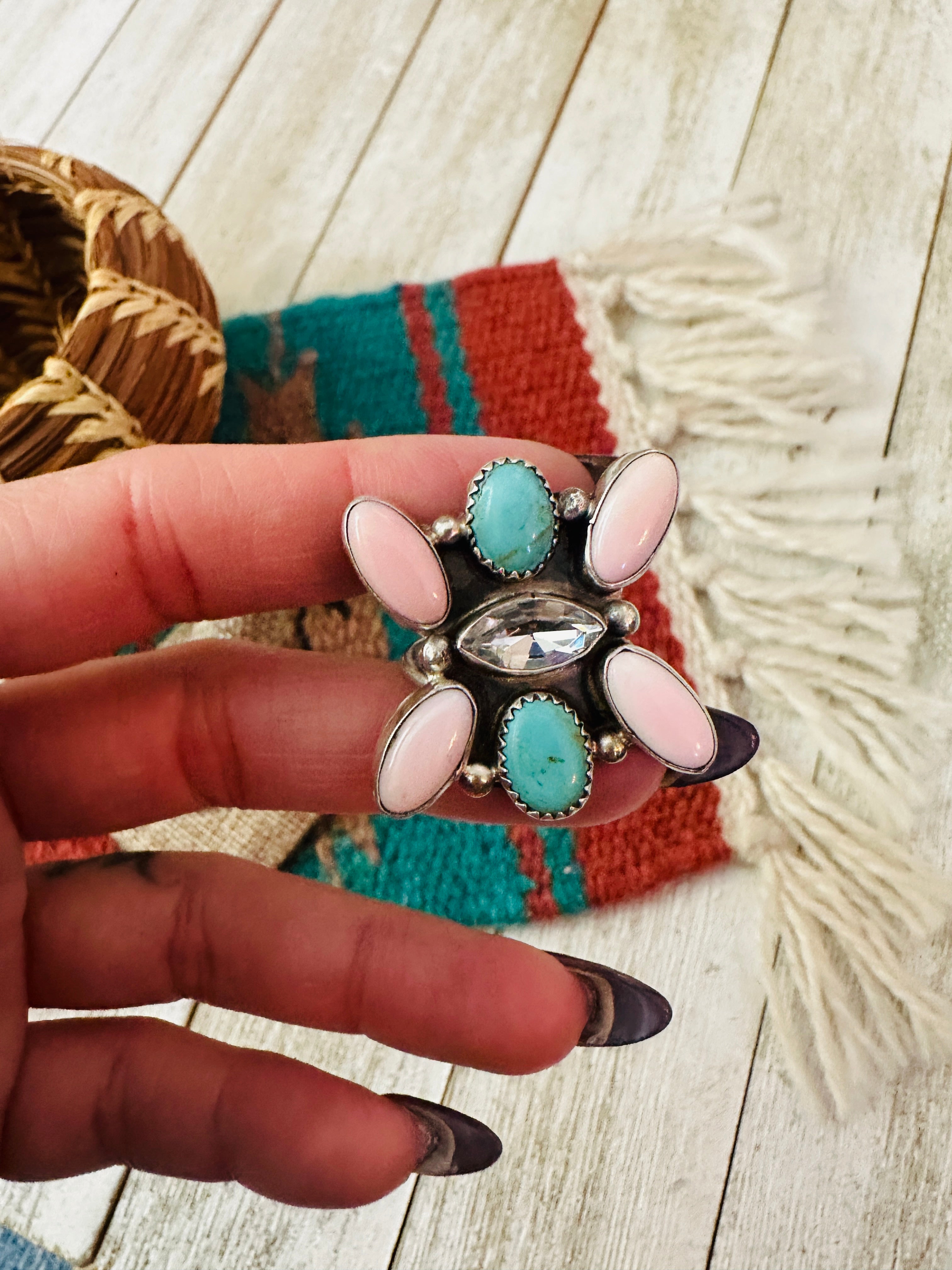 Handcrafted Queen Pink Conch, Turquoise & Sterling Silver Adjustable Ring by Jacqueline Silver