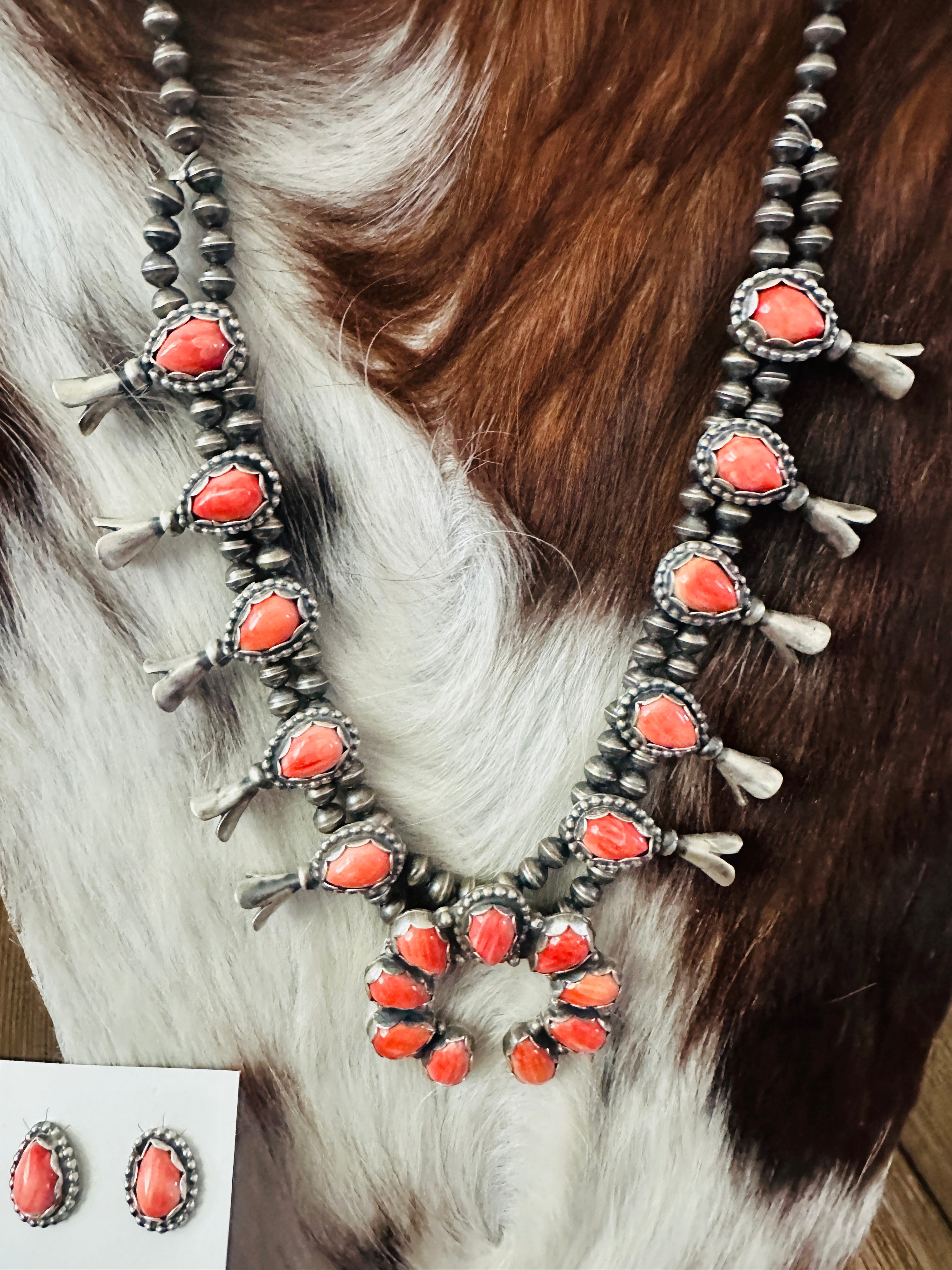 Handcrafted Sterling Silver & Spiny Oyster Squash Blossom Necklace Set