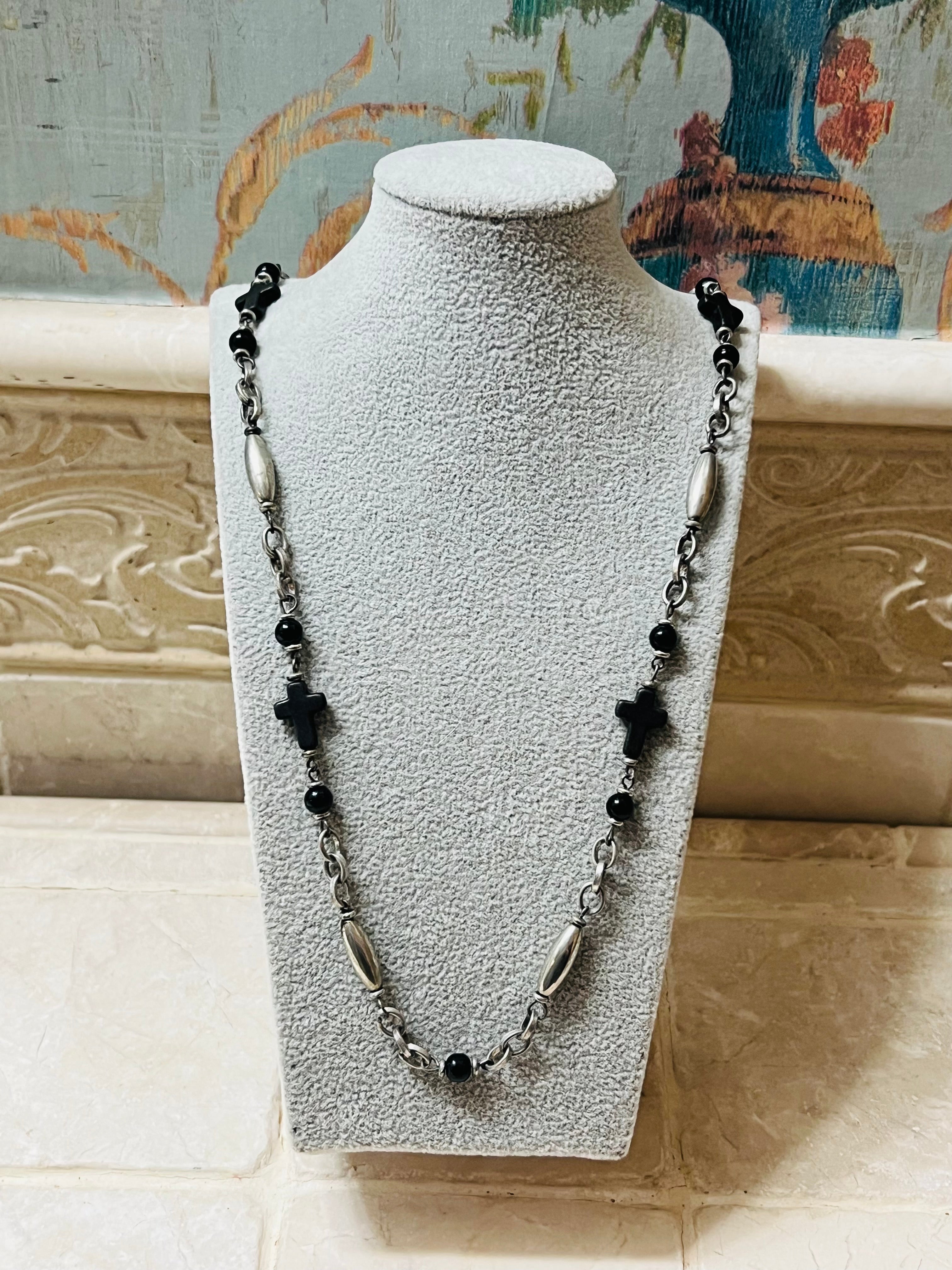 Vintage Silver and Black Cross Necklace