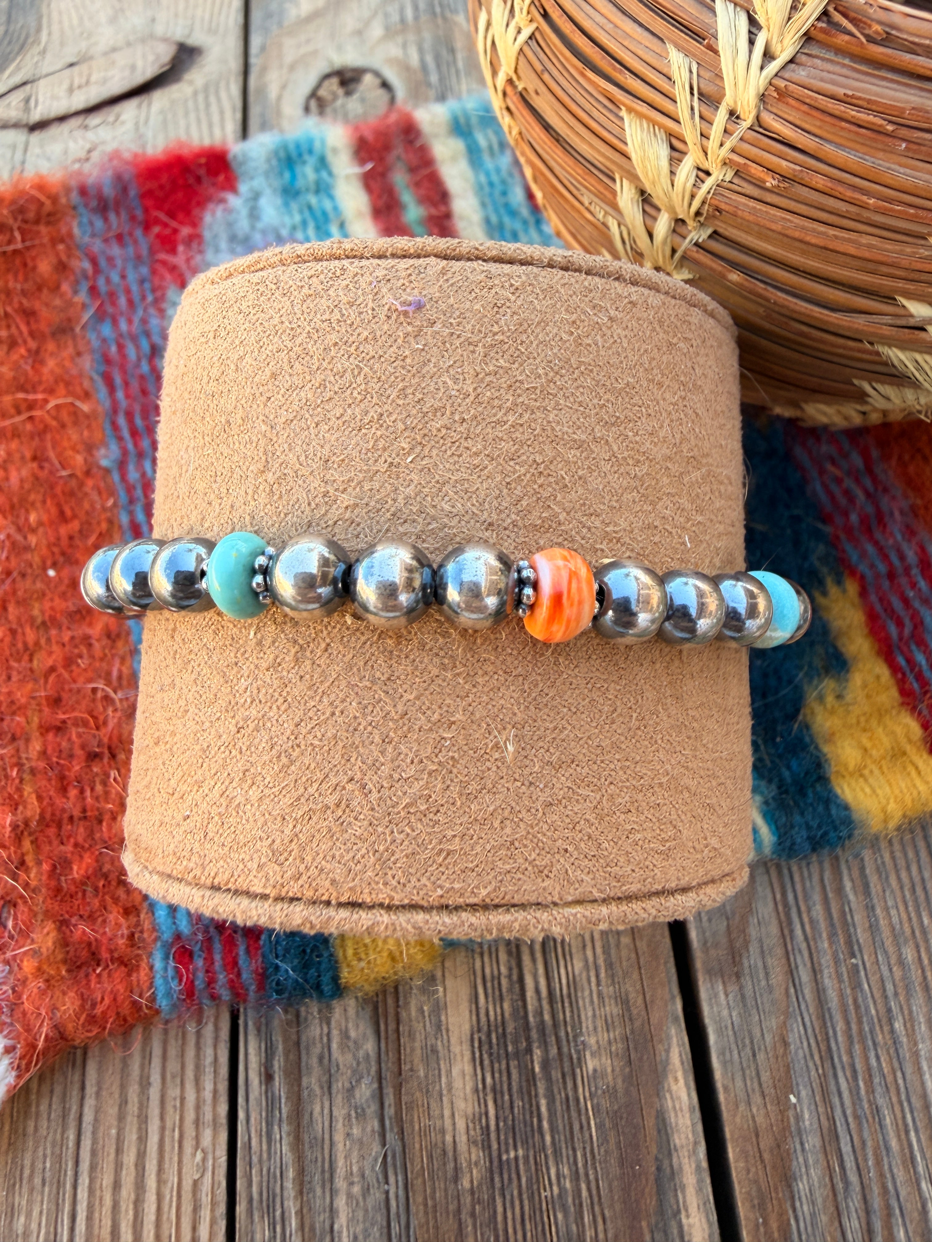 Handcrafted Turquoise, Spiny Oyster & Sterling Silver Pearl Beaded Bracelet