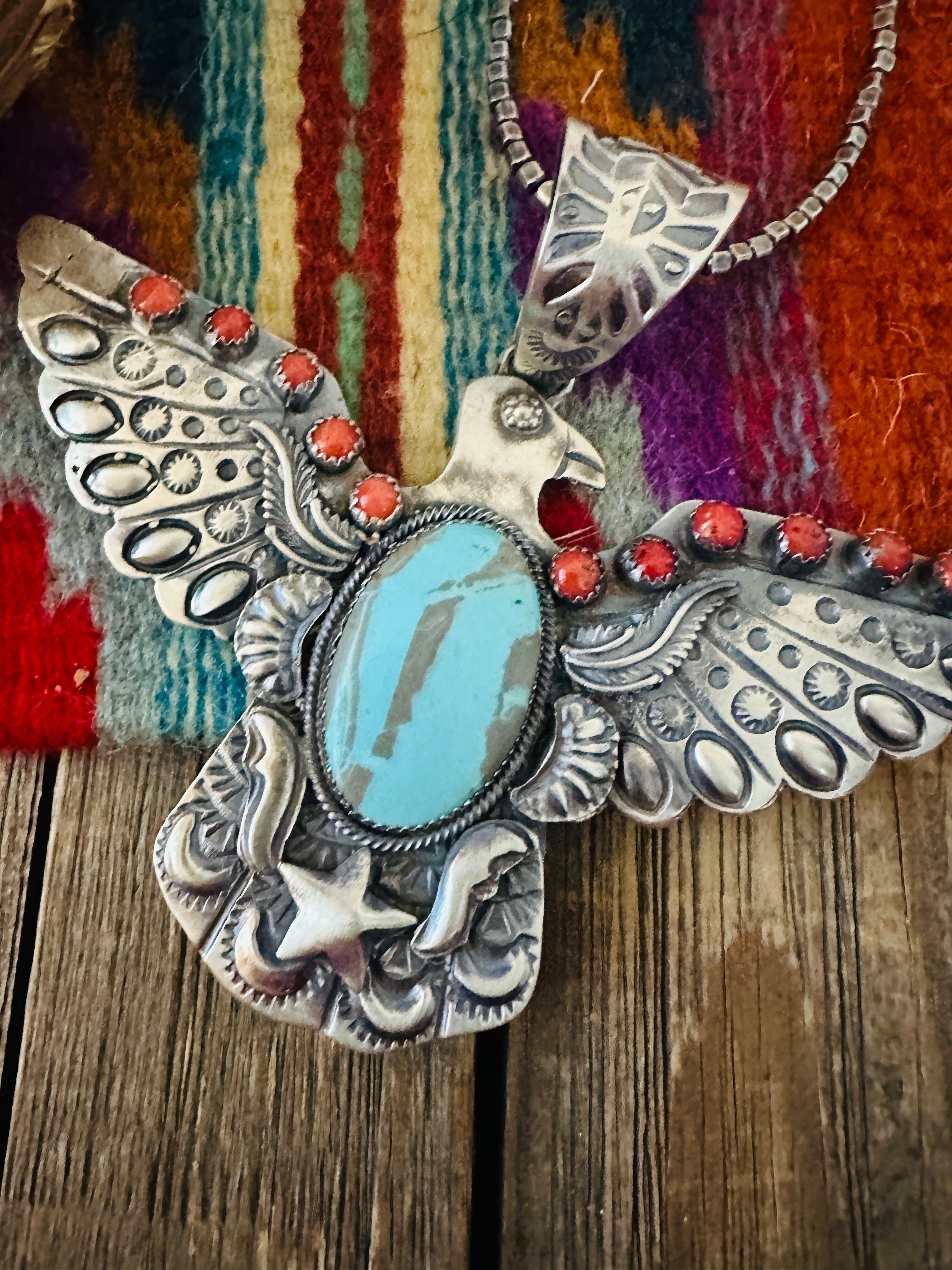 Handcrafted Turquoise, Coral & Sterling Silver Thunderbird Pendant by Richard Yazzie