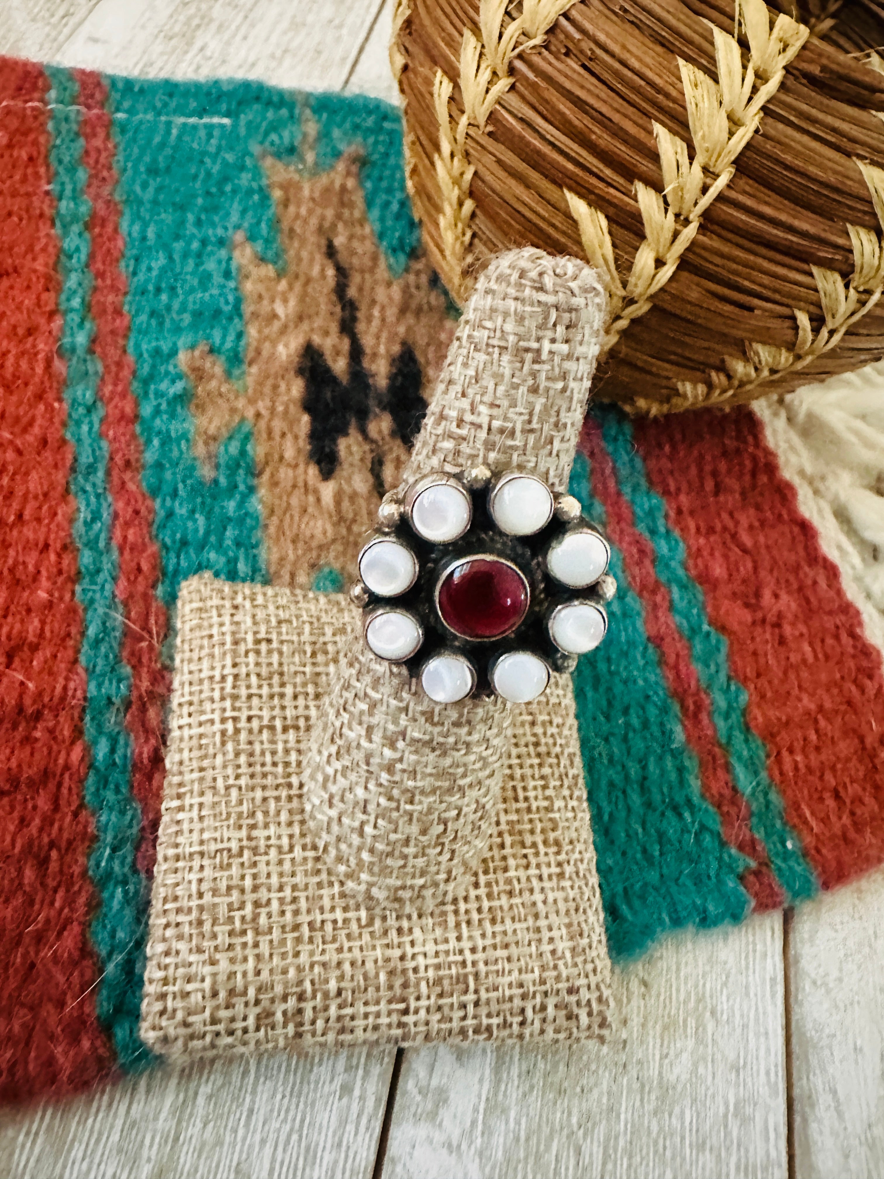 Handcrafted Sterling Silver, Mother of Pearl and Garnet Cluster Adjustable Ring