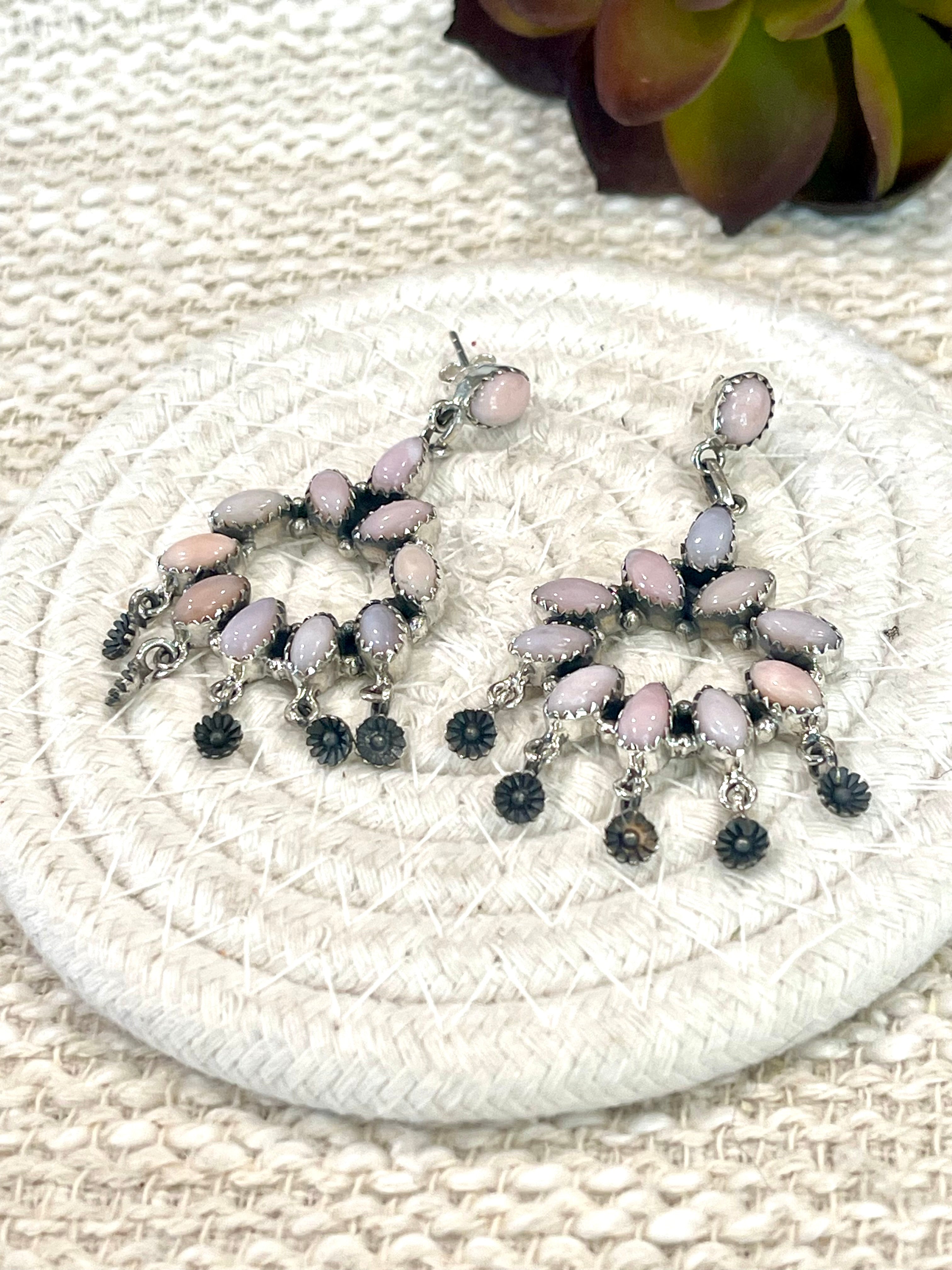 Handmade Pink Opal and Sterling Silver Cluster Dangle Earrings