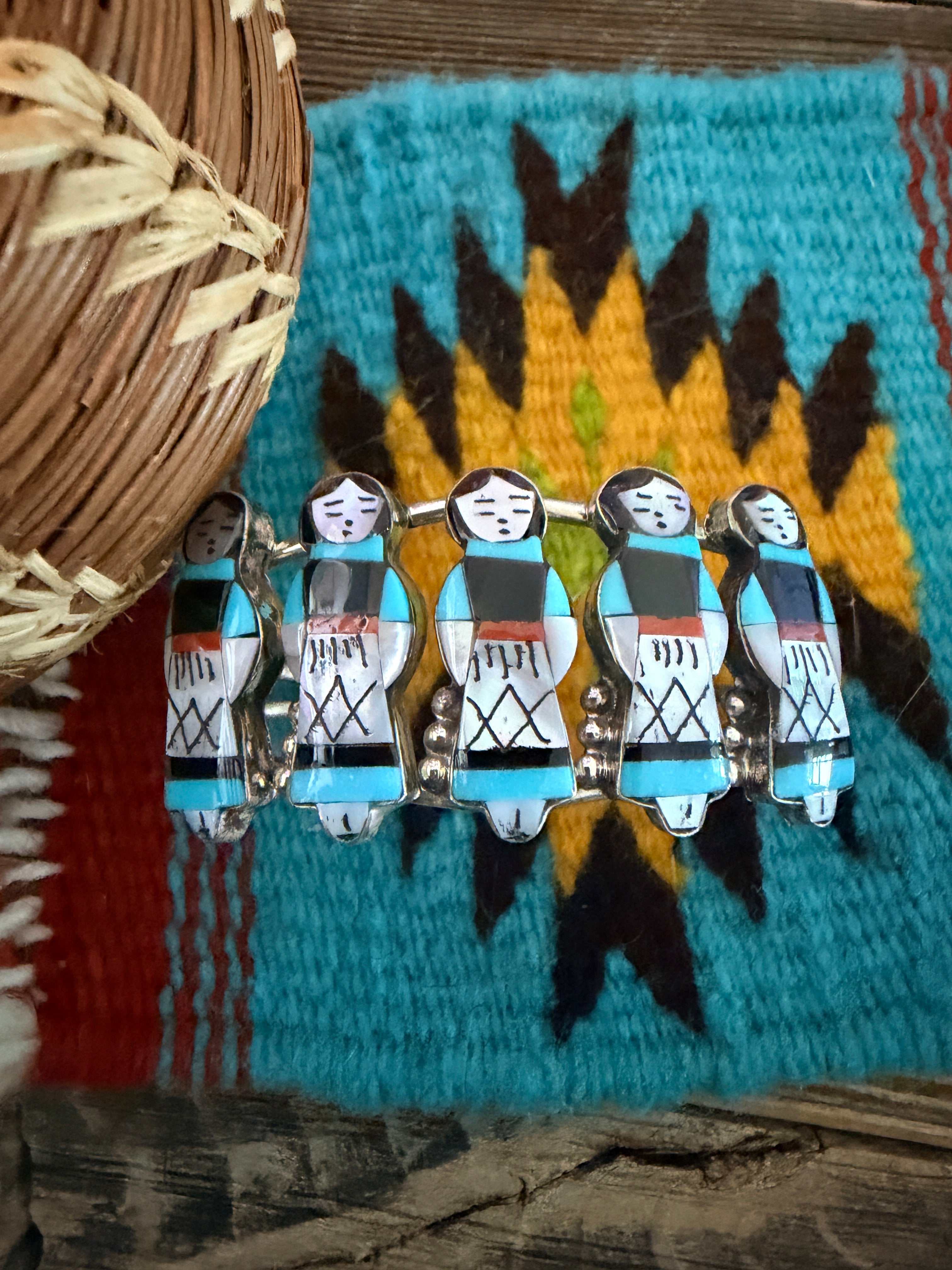 Handcrafted Sterling Silver & Multi Stone Inlay Maiden Girl Cuff Bracelet
