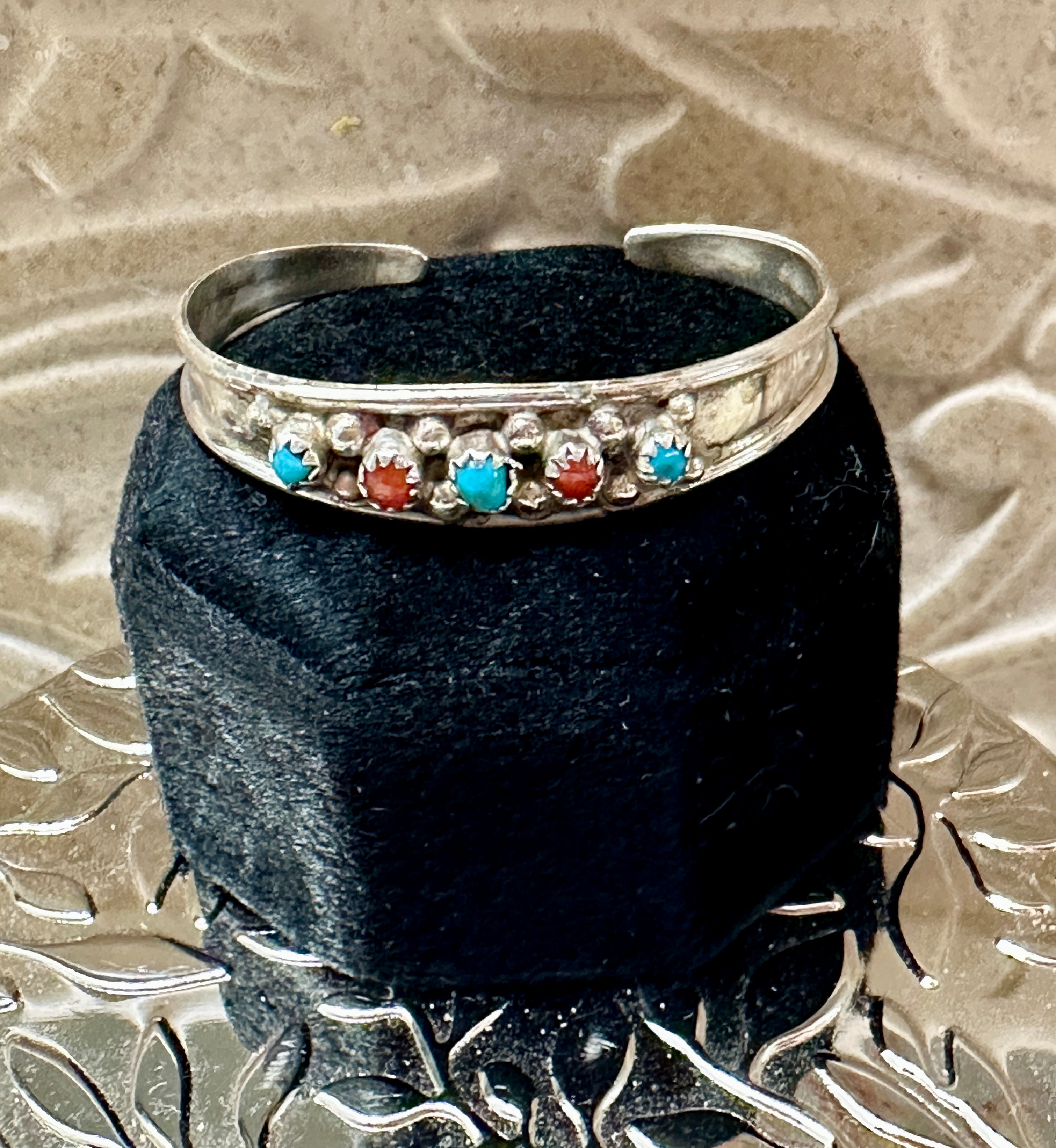 Handcrafted Turquoise, Coral, Sterling Silver Child Cuff Bracelet