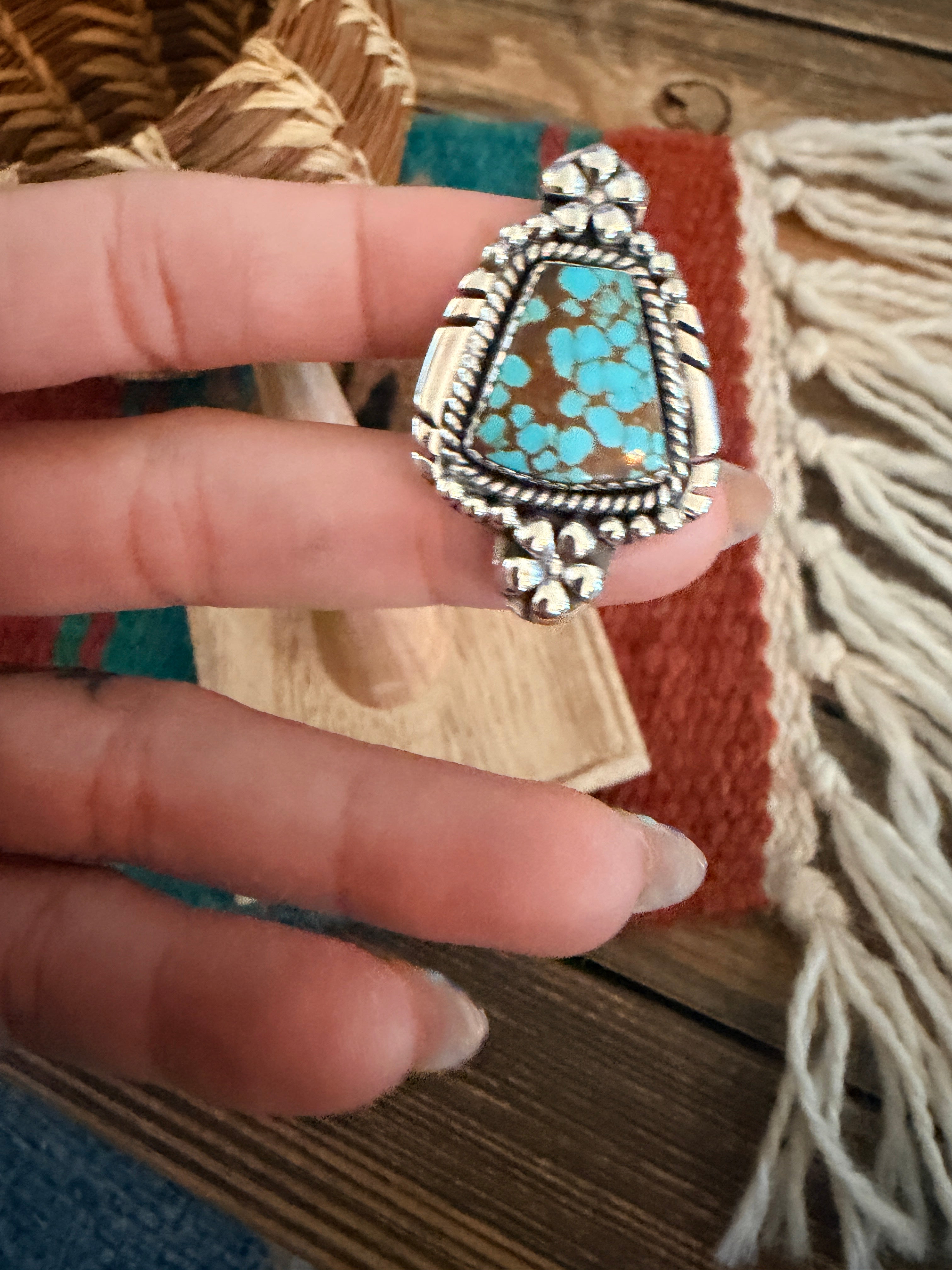 Handmade Sterling Silver Number 8 Turquoise Adjustable Ring Signed Nizhoni
