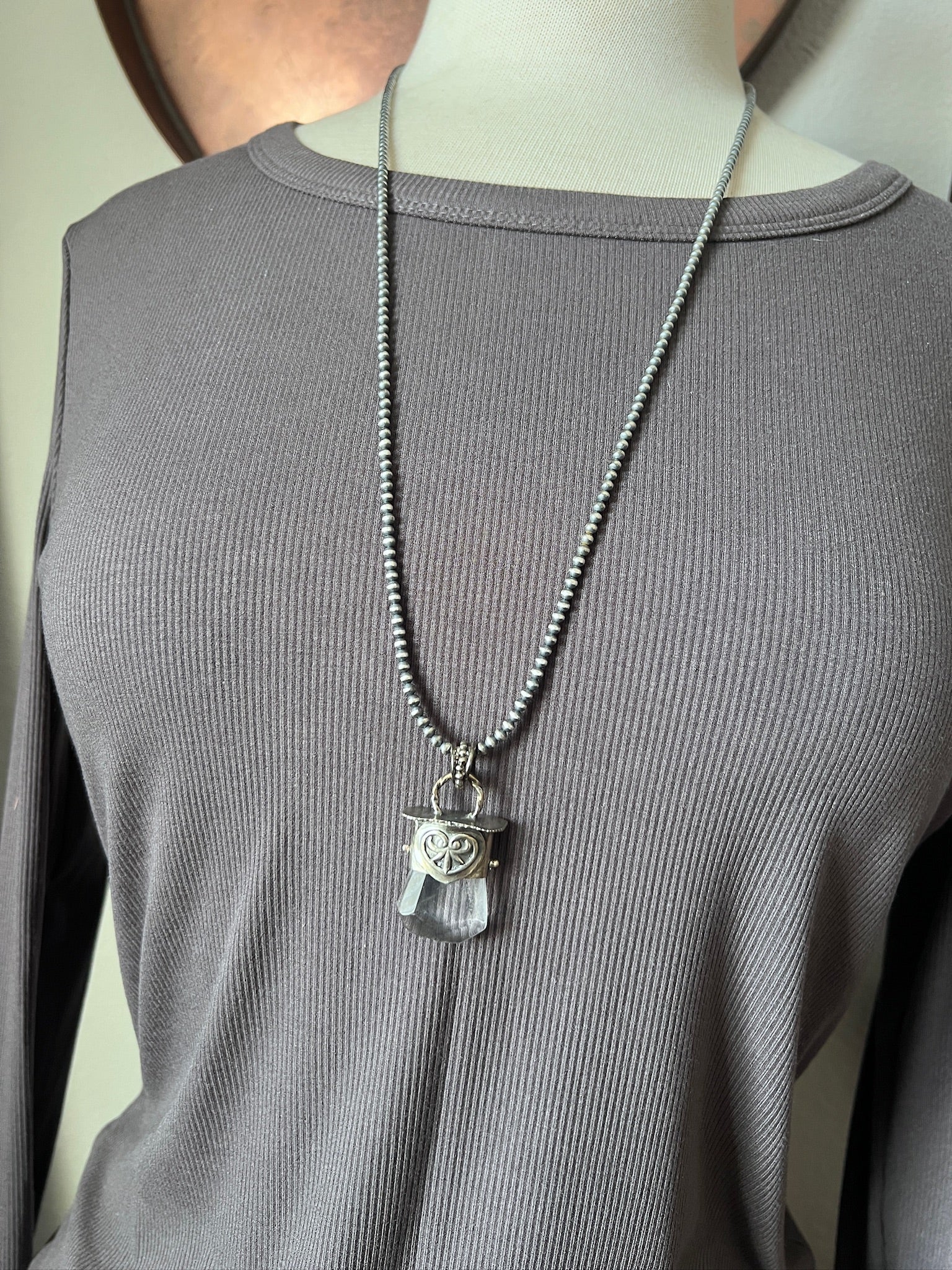 Sterling Silver Gem Collector 30” + 2” Beaded Necklace w/ Tularosa Quartz & Heart Pendant