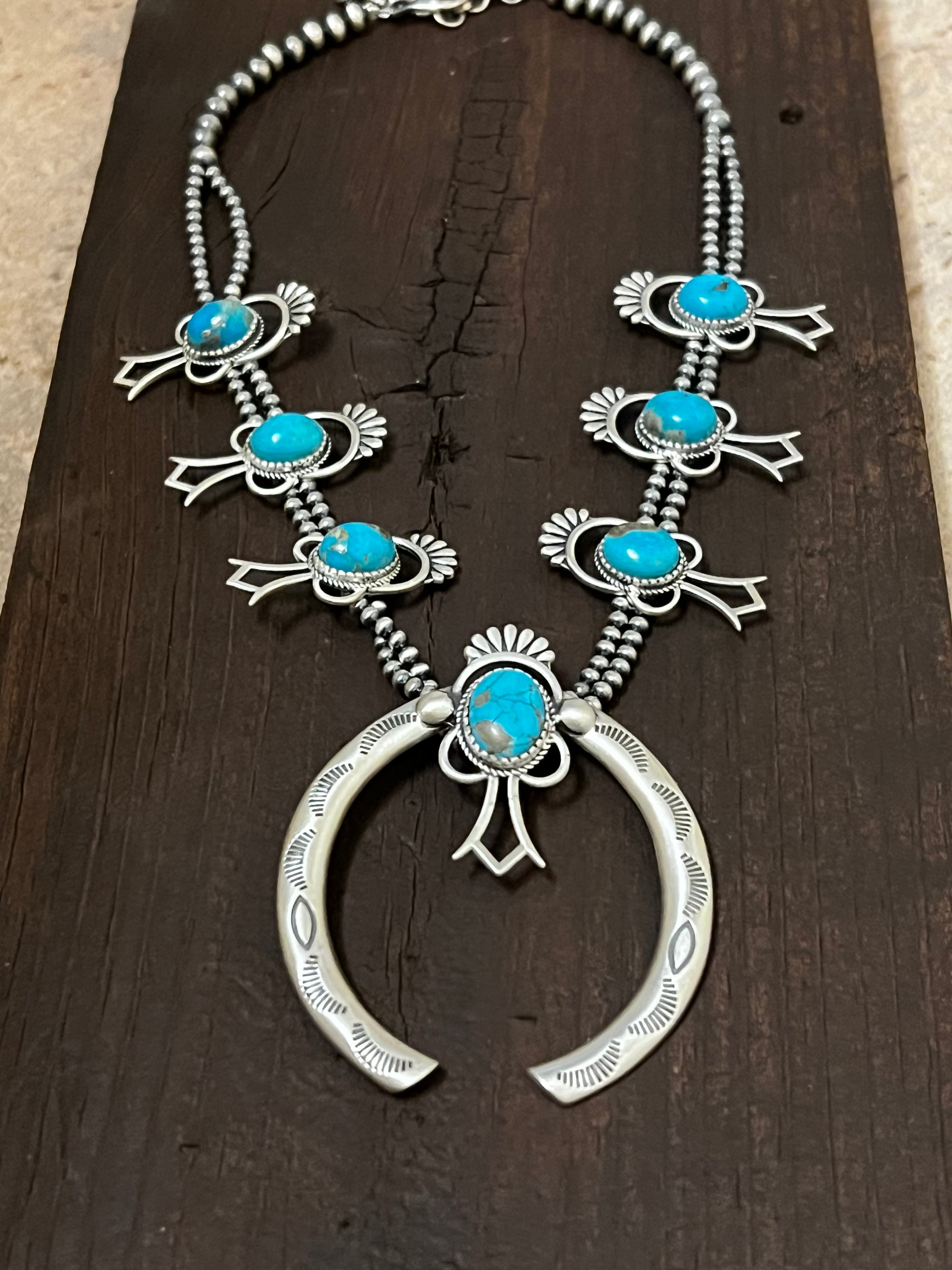 Handmade Sterling Silver & Kingman Turquoise Beaded Squash Blossom Naja Necklace