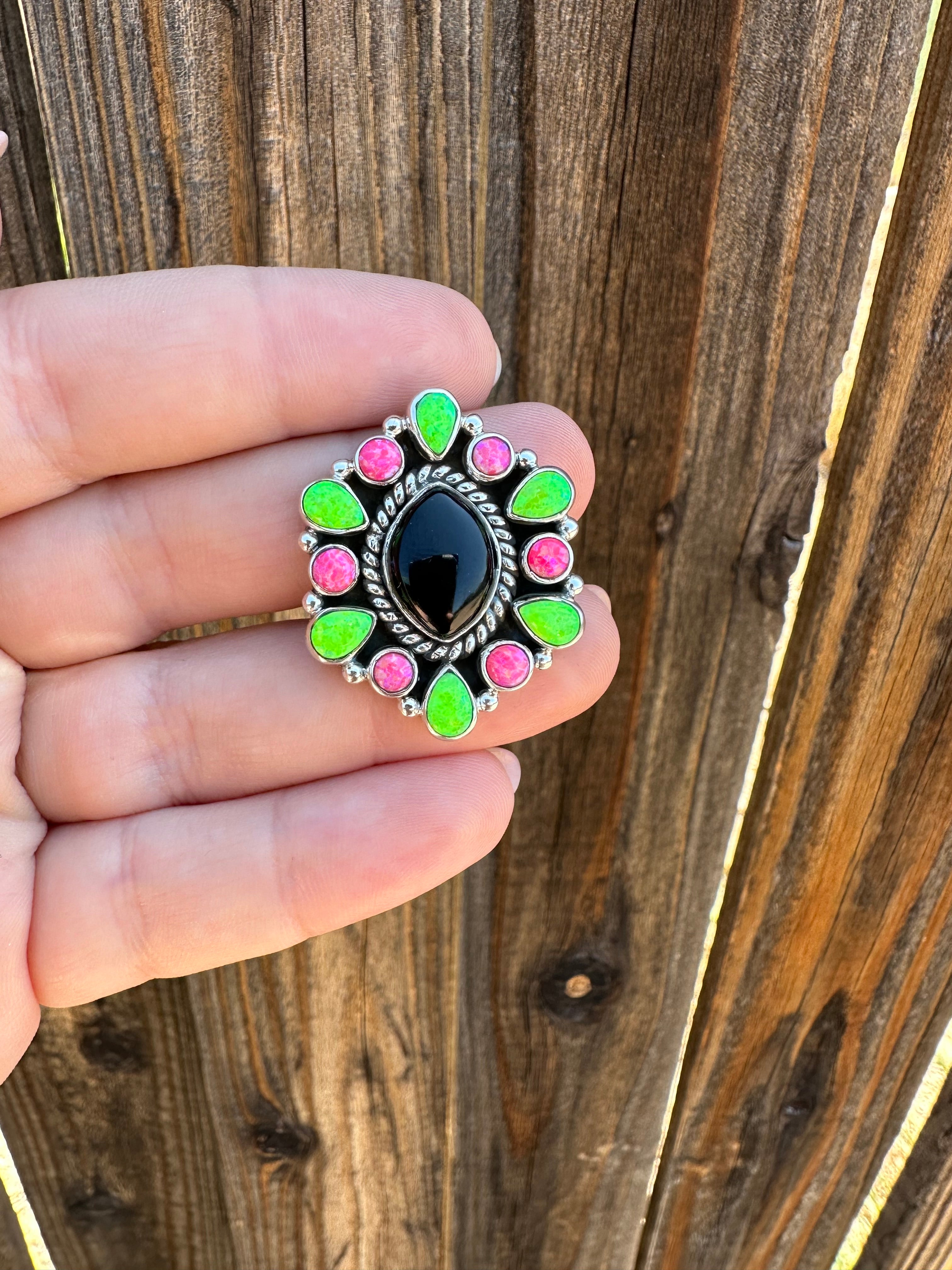 “Electric Glow” Black Onyx & Fire Opal & Sterling Silver Handmade Adjustable Ring