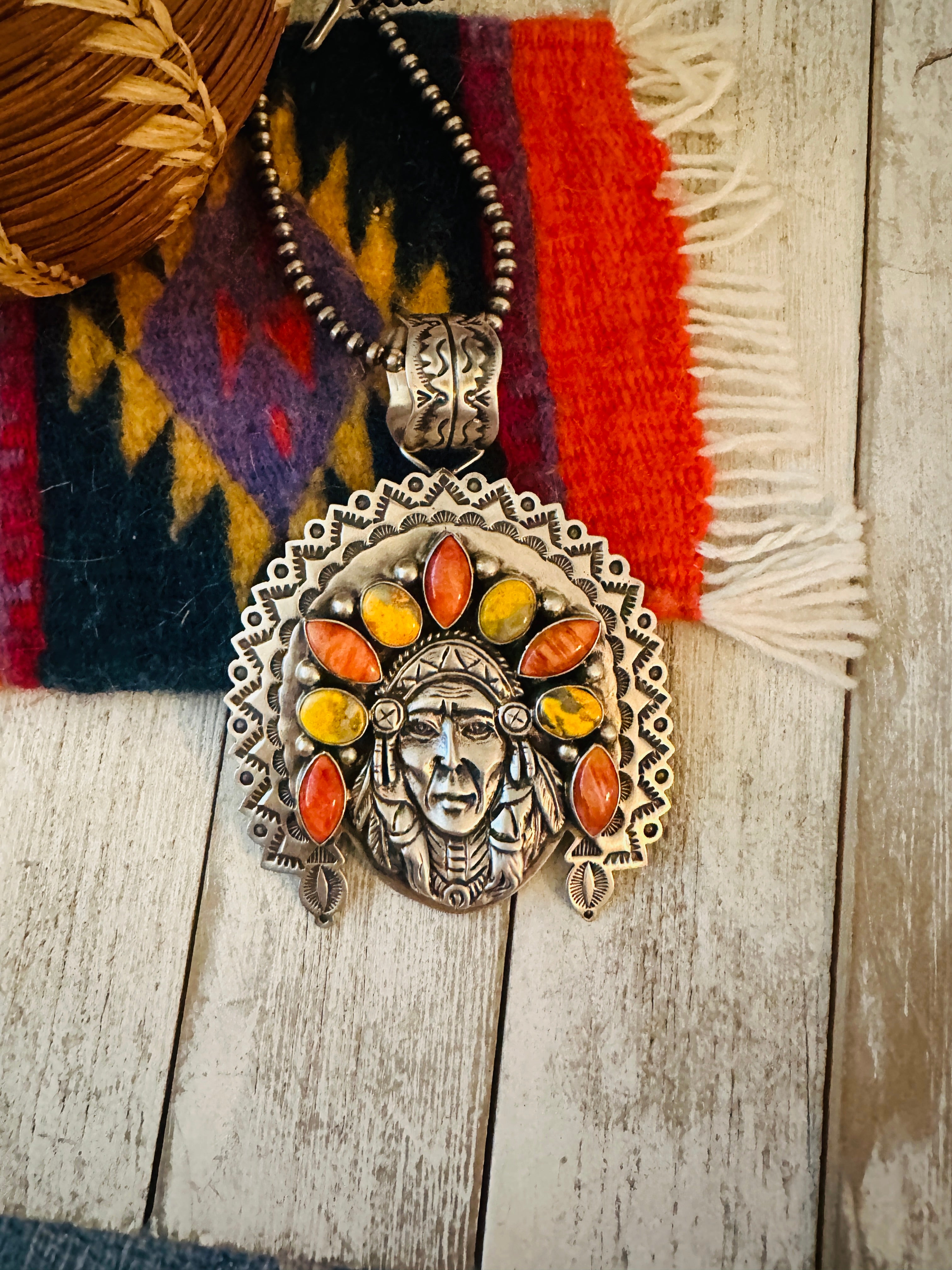 Navajo Spiny, Jasper & Sterling Silver Indian Chief Pendant