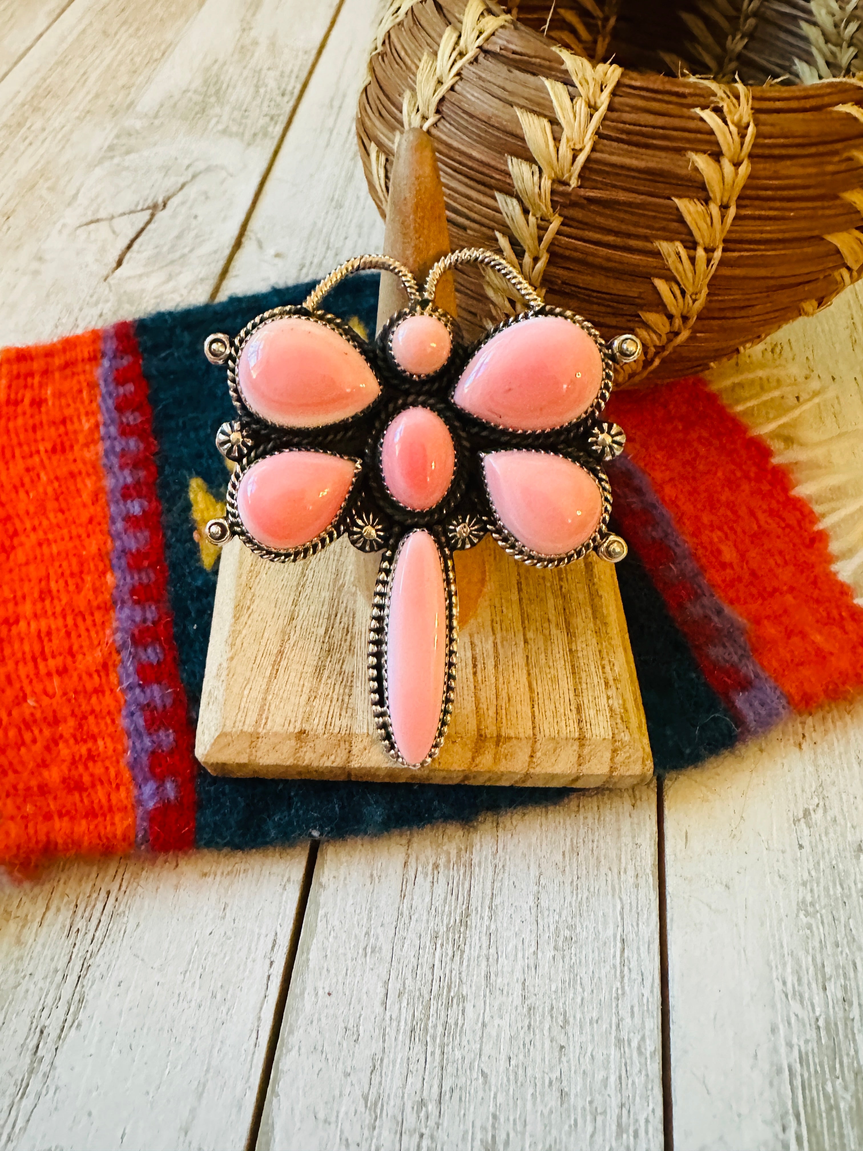 Navajo Sterling Silver and Queen Pink Conch Shell Dragonfly Adjustable Ring