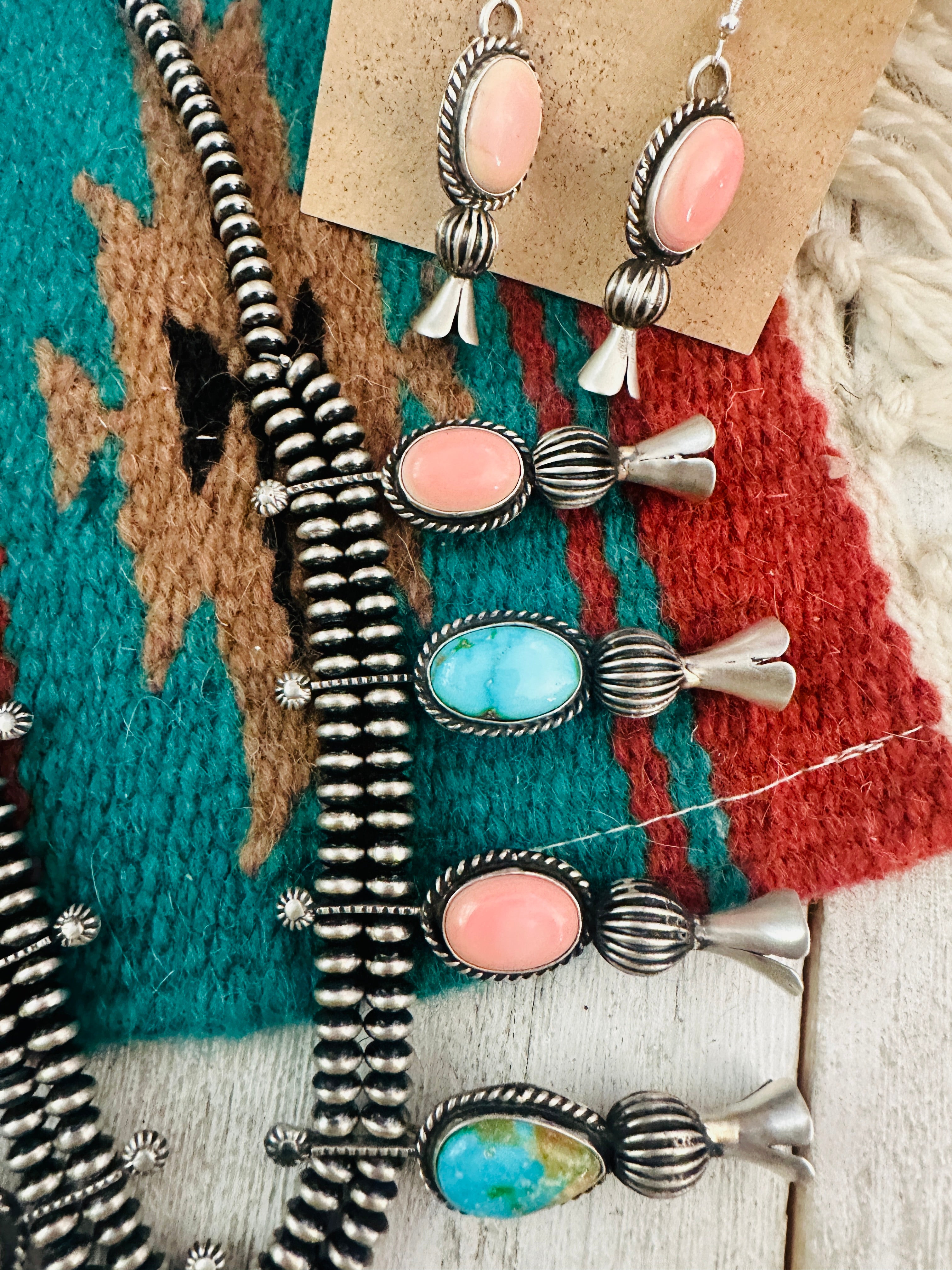 Navajo Turquoise, Pink Conch & Sterling Silver Necklace Set by Russell Sam