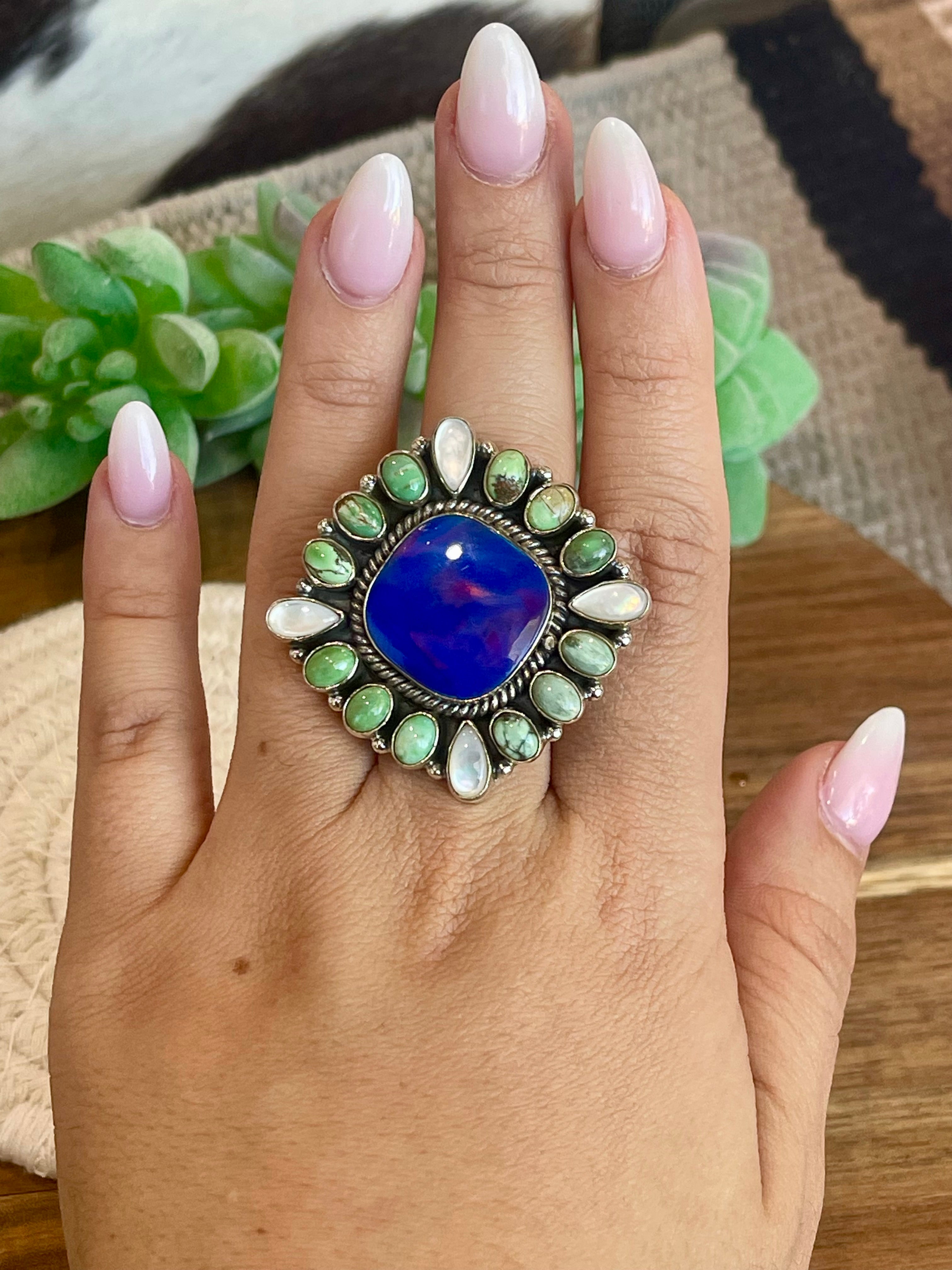 Handmade  Blue Opal, Mother Of Pearl, Turquoise And Sterling Silver Adjustable Ring Signed Nizhoni