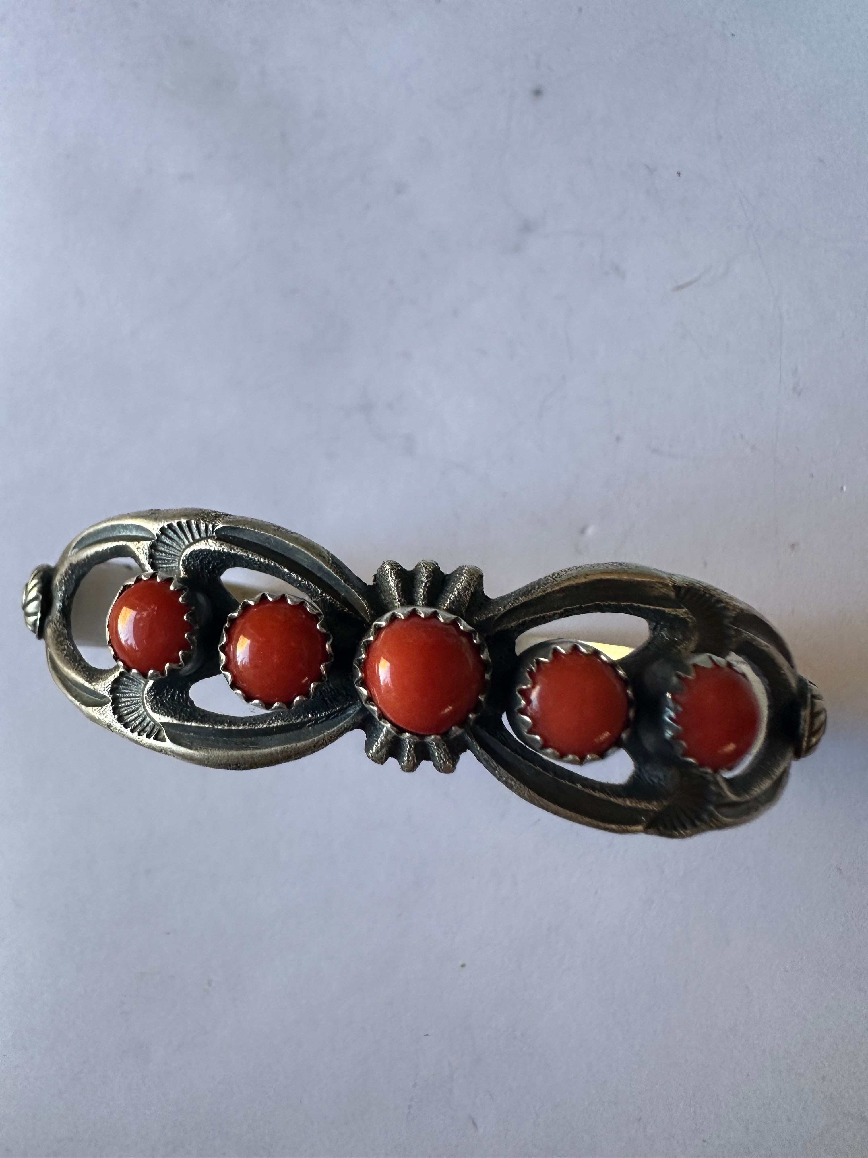 Navajo Coral & Sterling Silver Cuff Bracelet Signed Kevin Billah