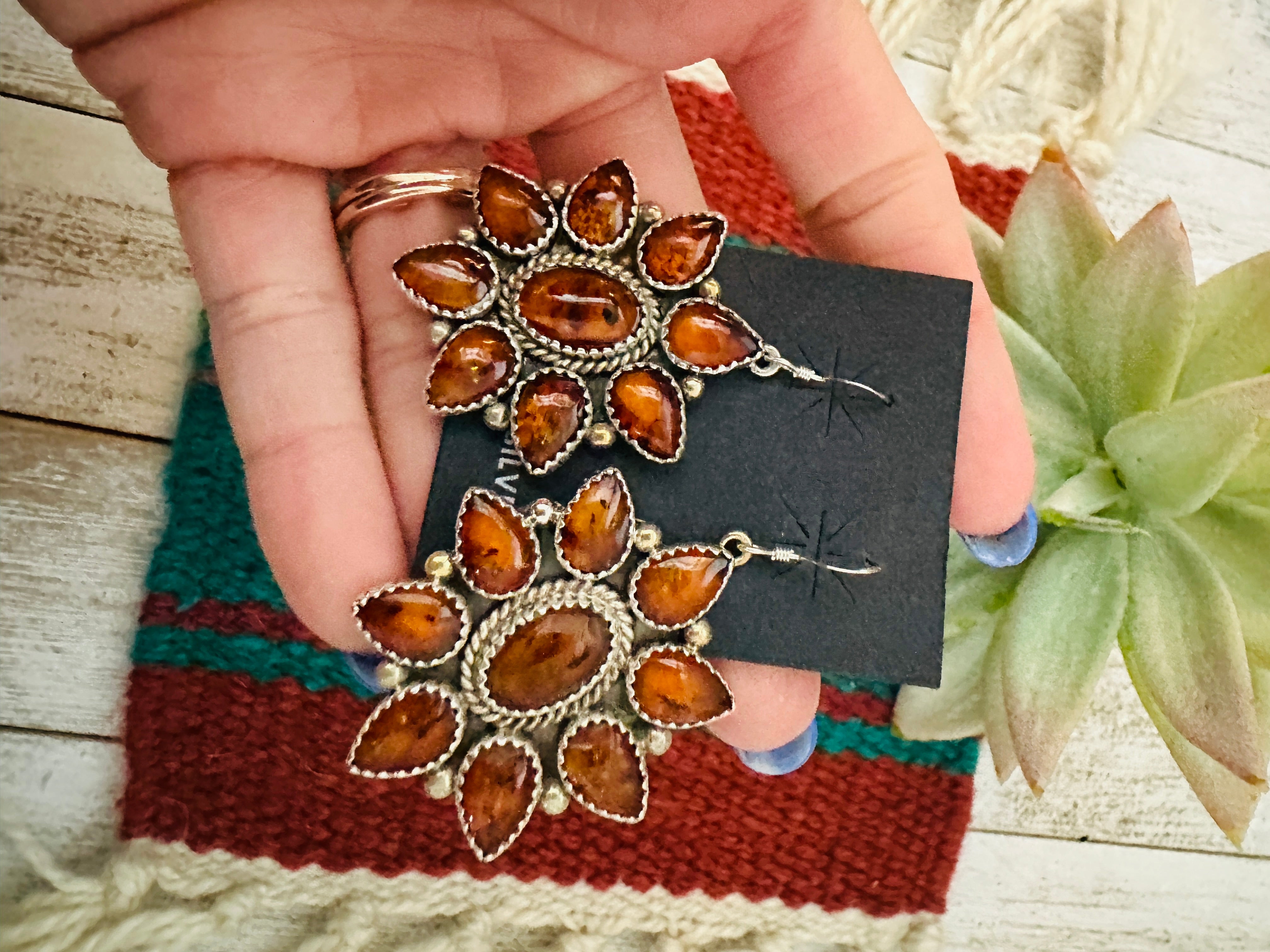 Navajo Amber & Sterling Silver Cluster Dangle Earrings