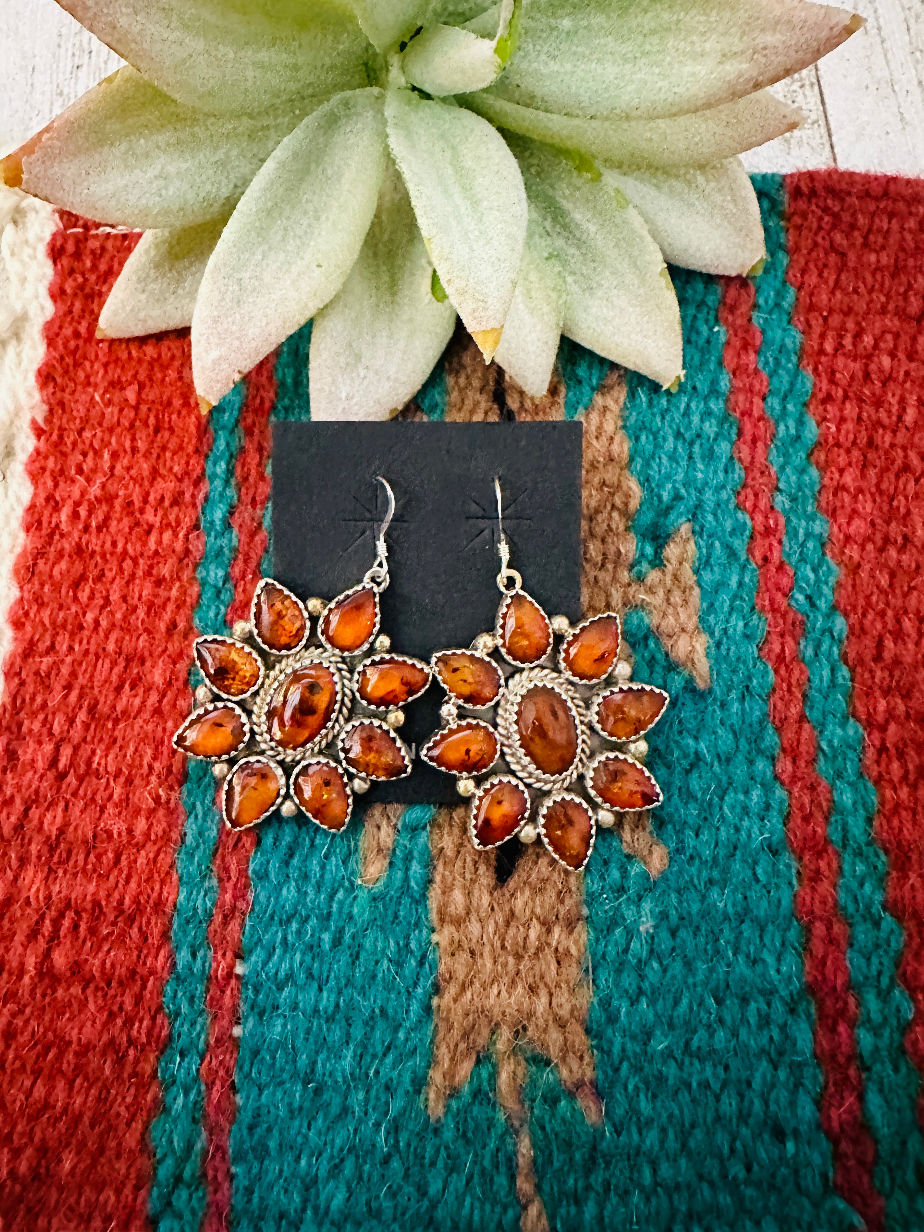 Navajo Amber & Sterling Silver Cluster Dangle Earrings