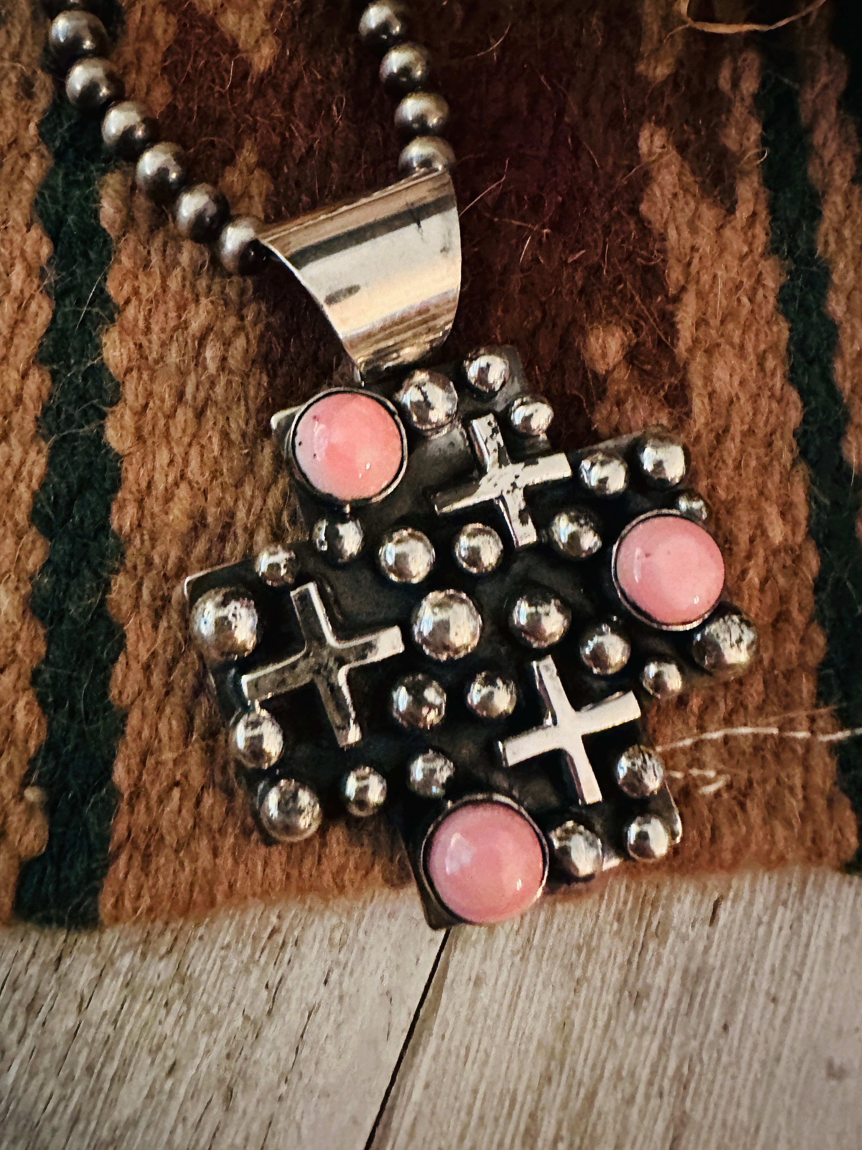 Handcrafted Queen Pink Conch & Sterling Silver Cross Pendant by Chimney Butte