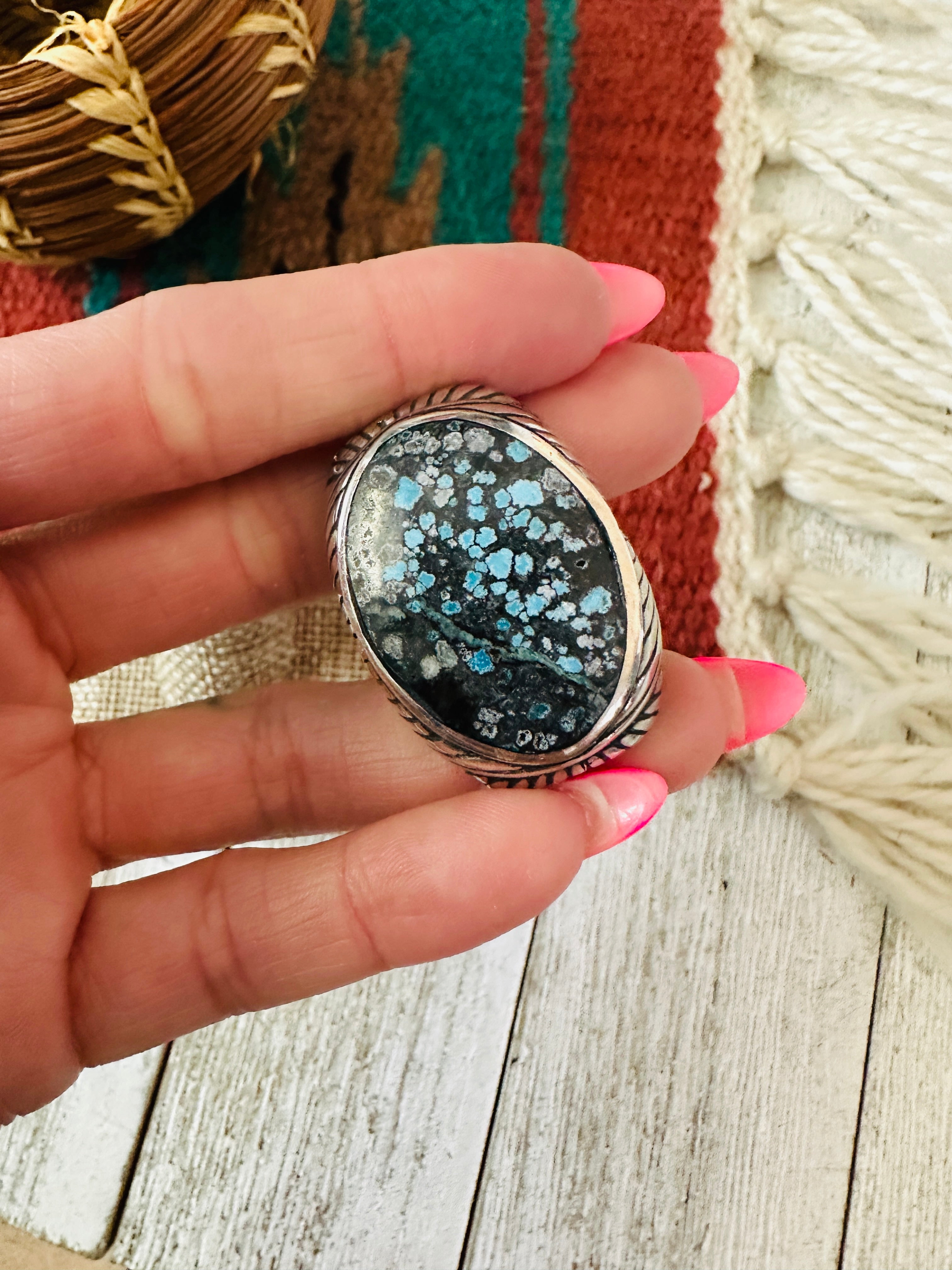 Old Pawn Navajo Sterling Silver & Kingman Web Turquoise Men’s Ring Size 10