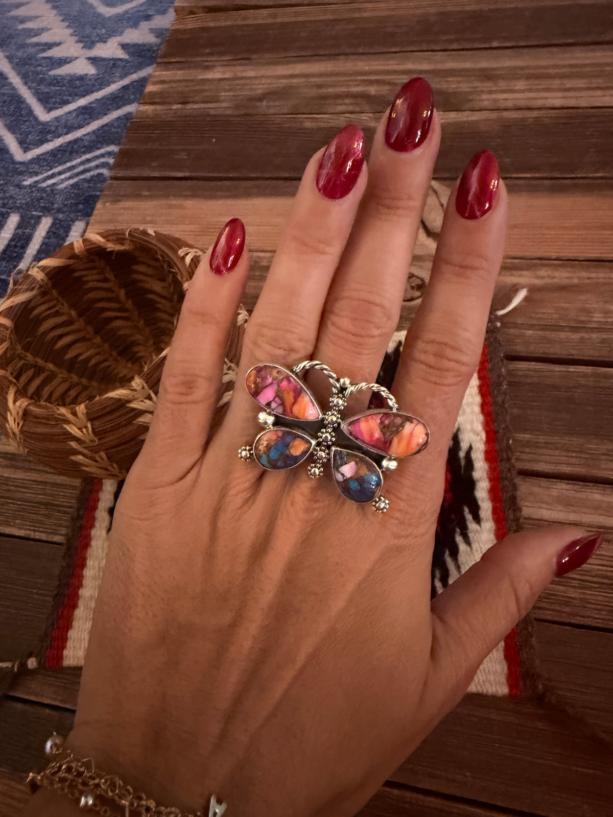 Handcrafted Pink Dream Mojave & Sterling Silver Adjustable Butterfly Ring