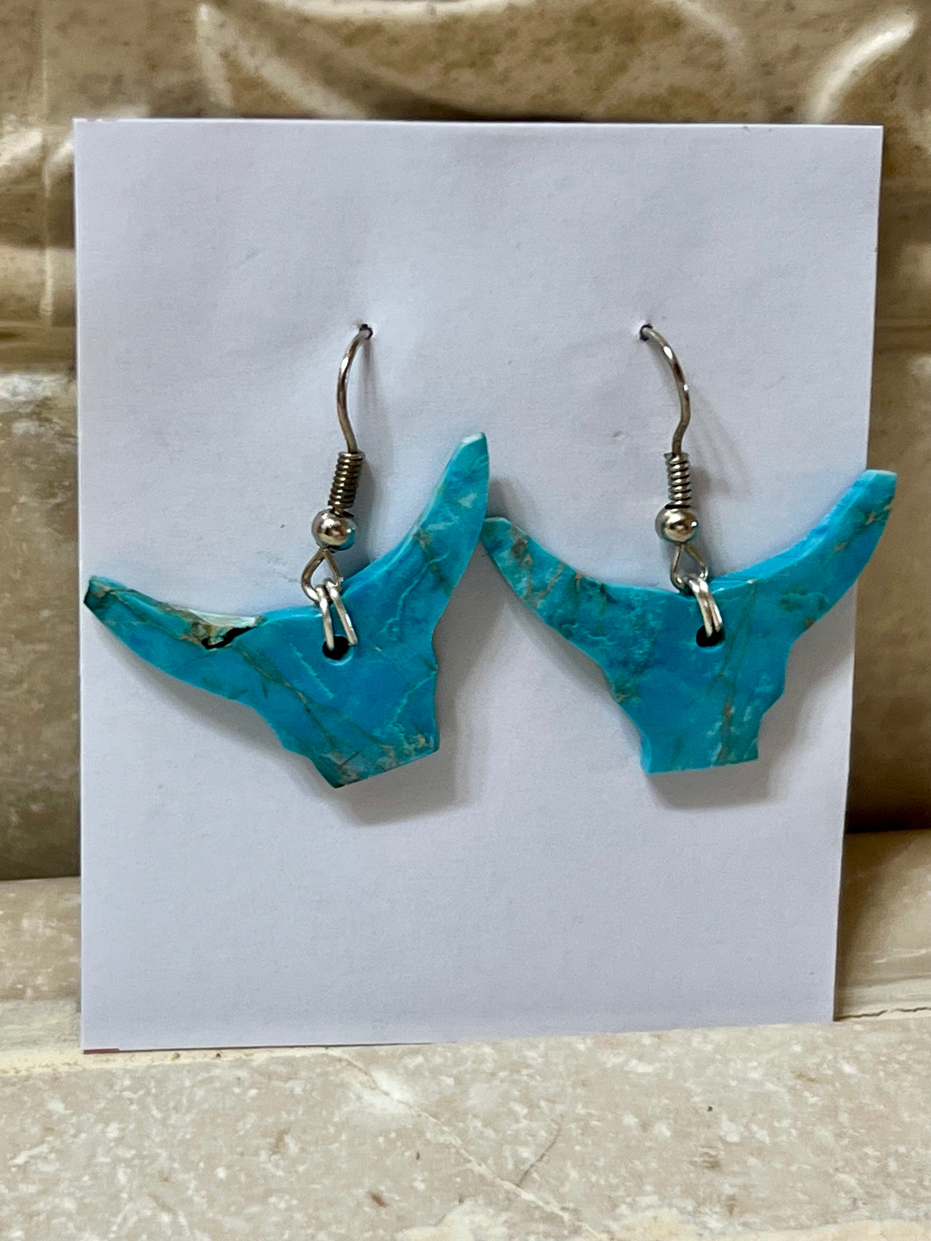 Handcrafted Blue Indigo Turquoise & Sterling Silver Bull head Slab Earrings