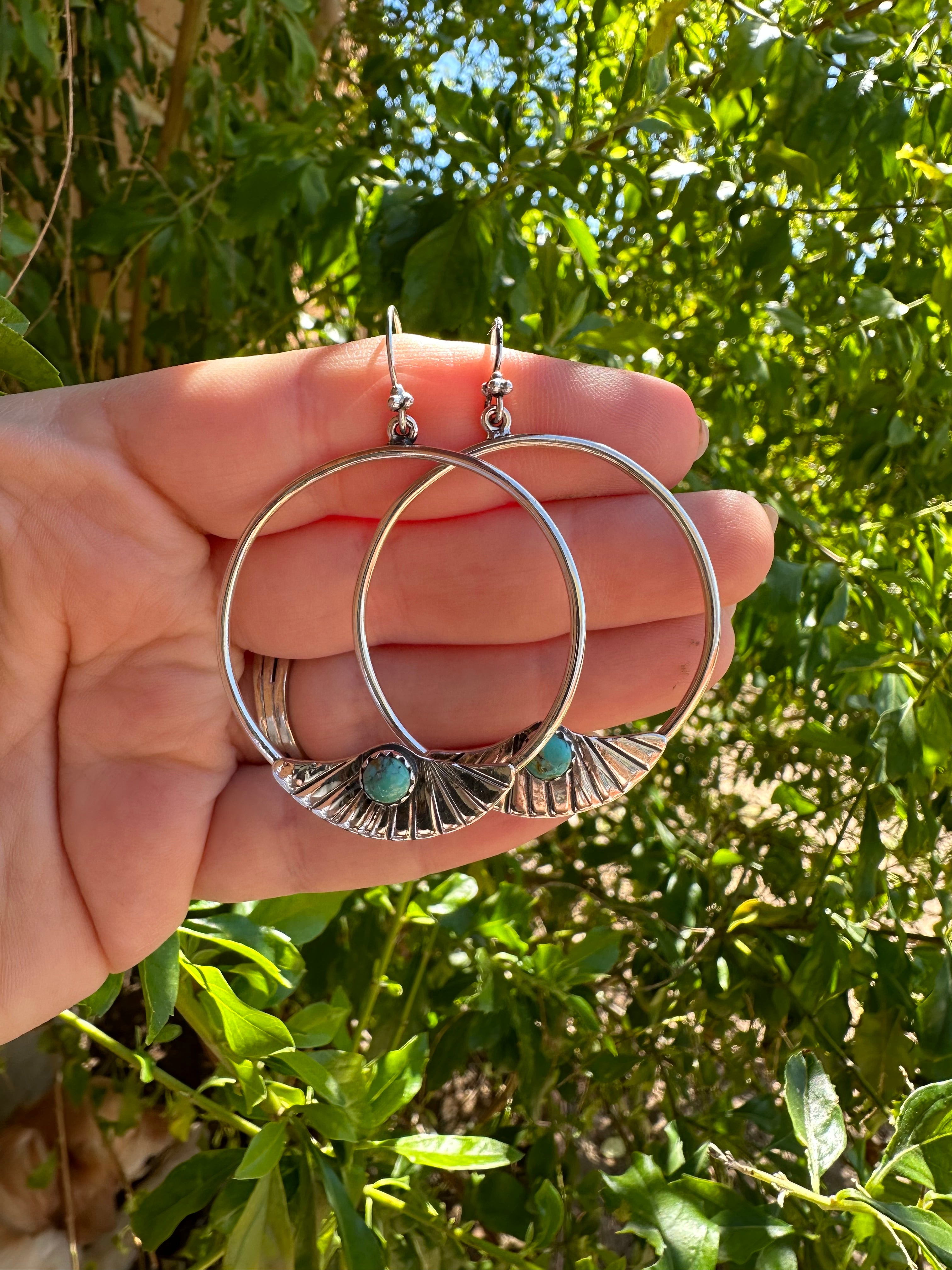 Handmade Turquoise & Sterling Silver Hoop Earrings Signed Nizhoni