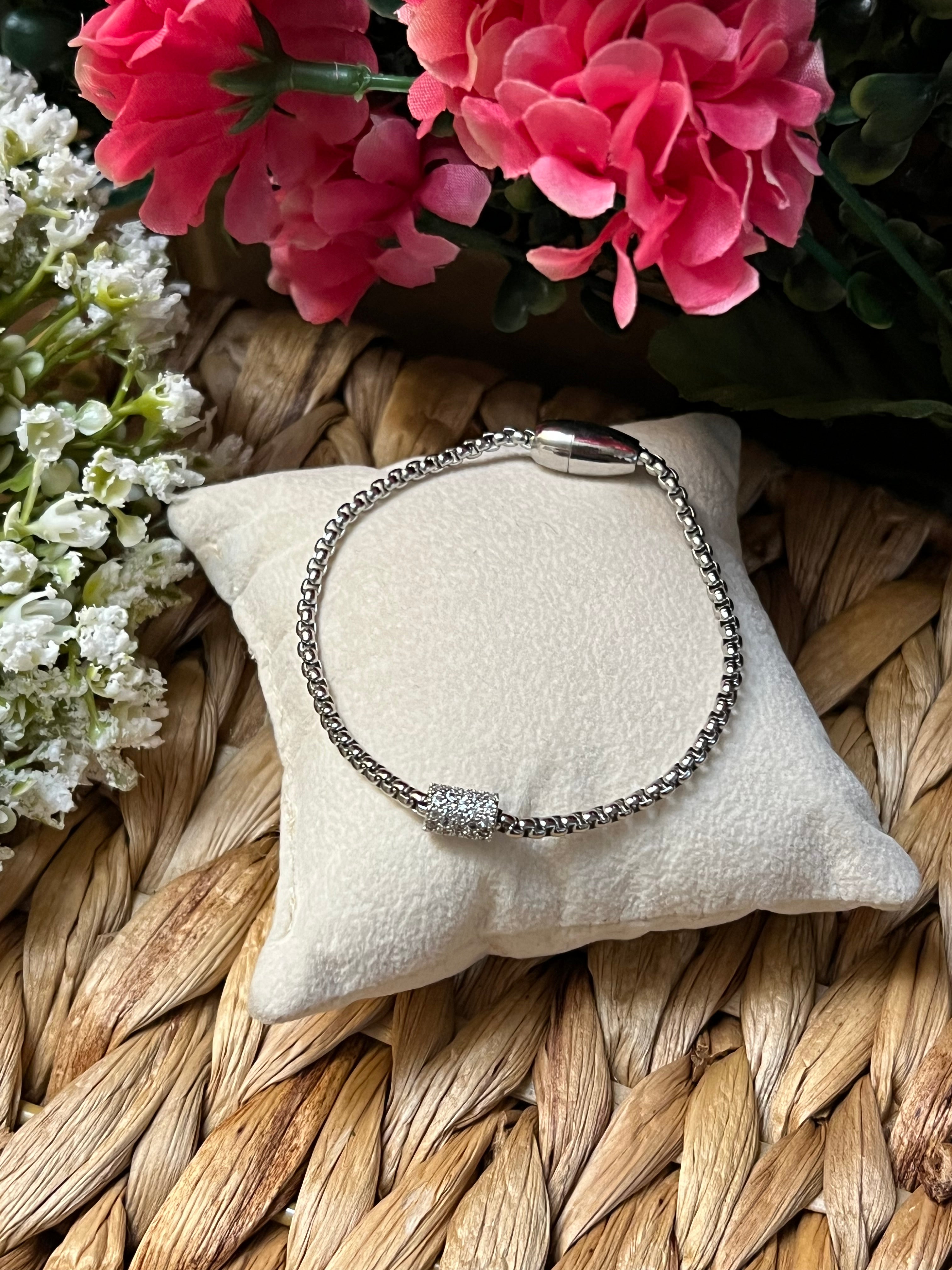 Silver Plated CZ Box Chain Bracelet With Magnetic Clasp