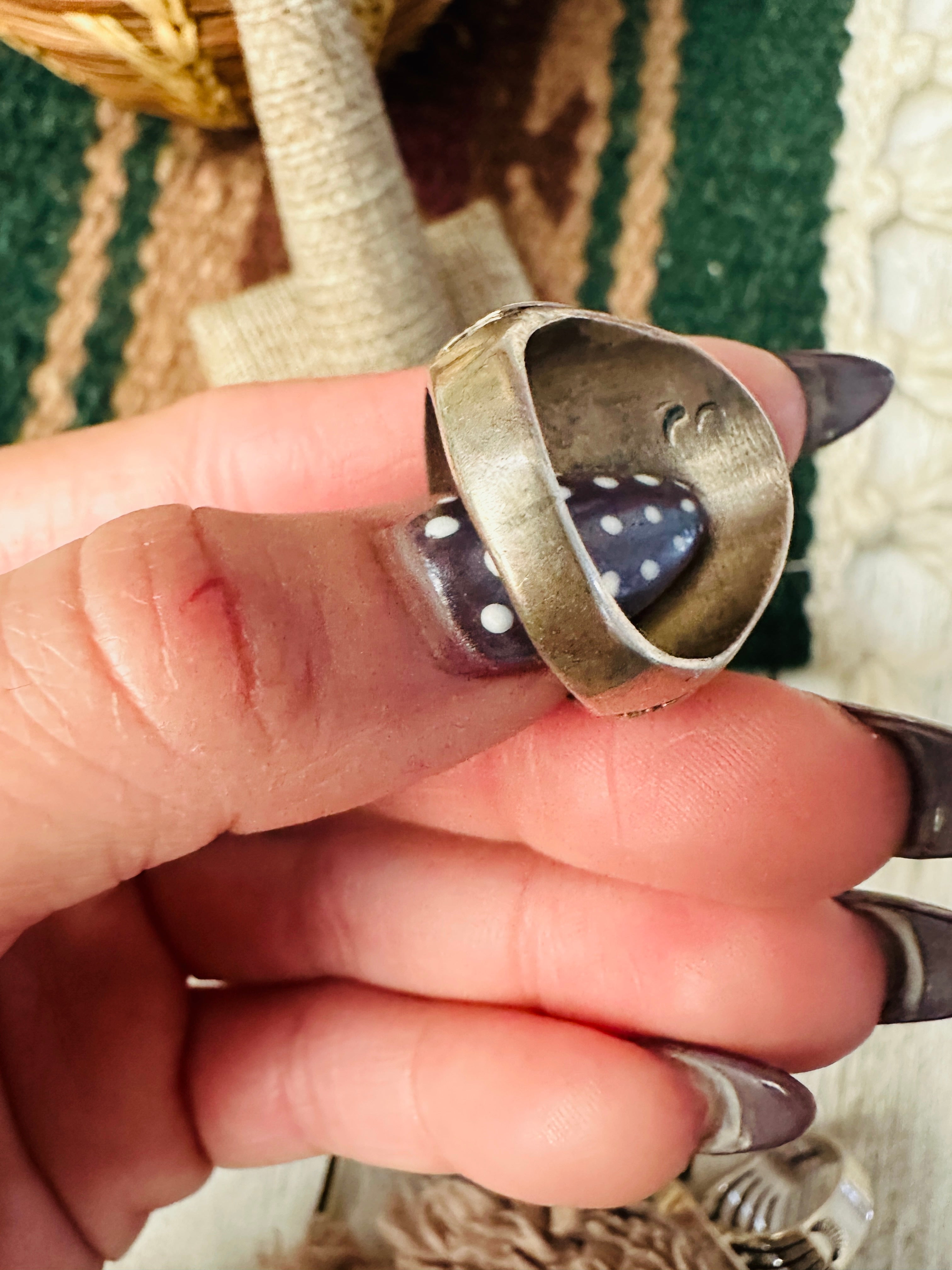 Old Pawn Handcrafted Turquoise, Coral & Sterling Silver Ring Size 8.5