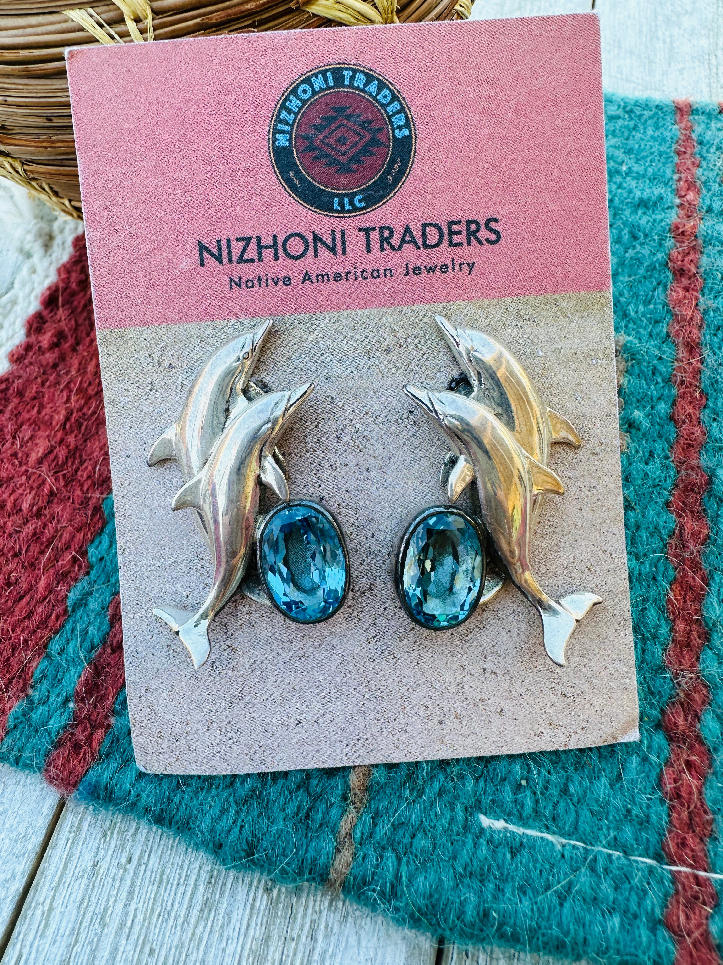 Handcrafted Old Pawn Sterling Silver and Topaz Dolphin Post Earrings