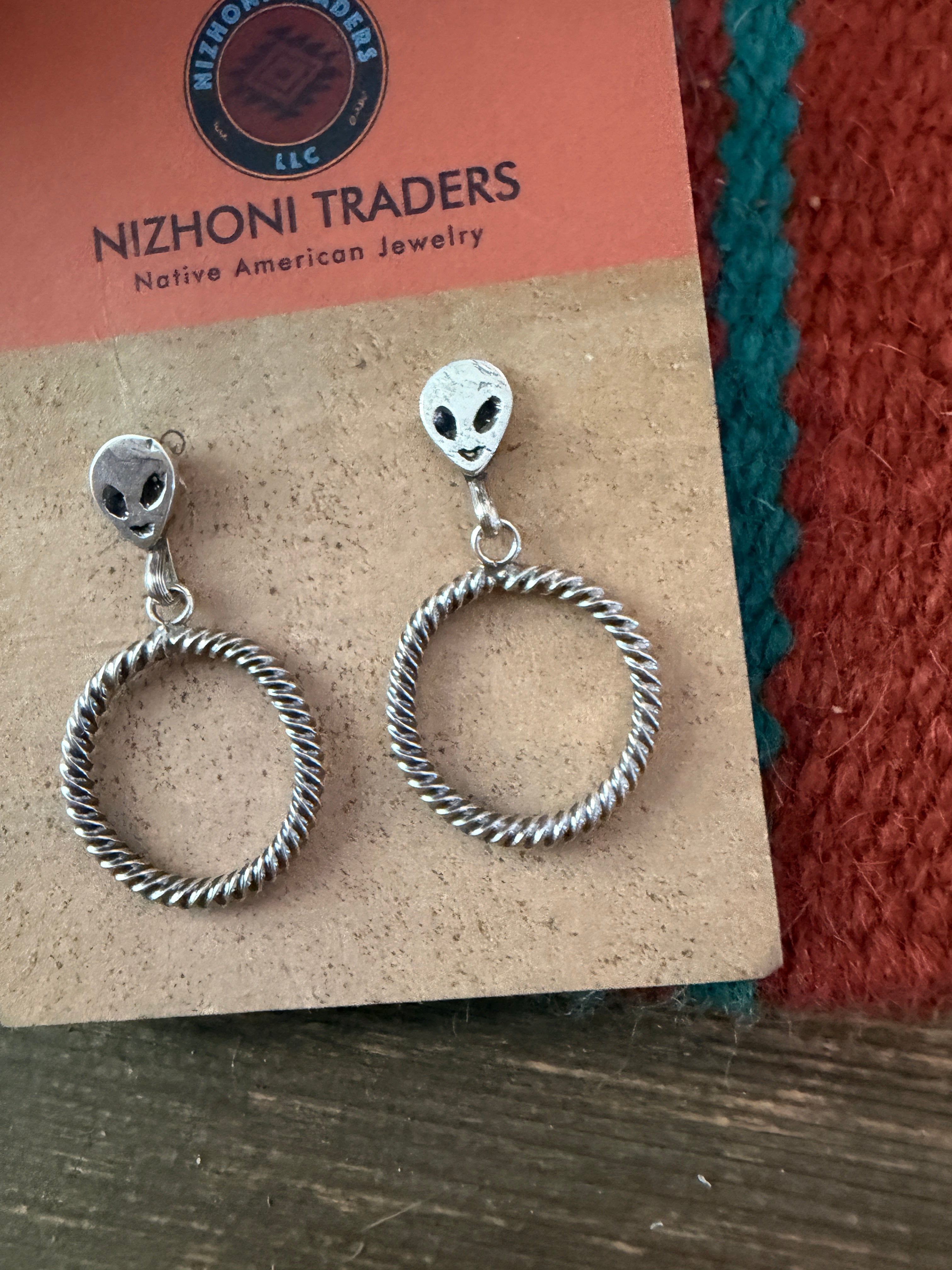 Handcrafted Sterling Silver Alien Dangle Hoop Earrings