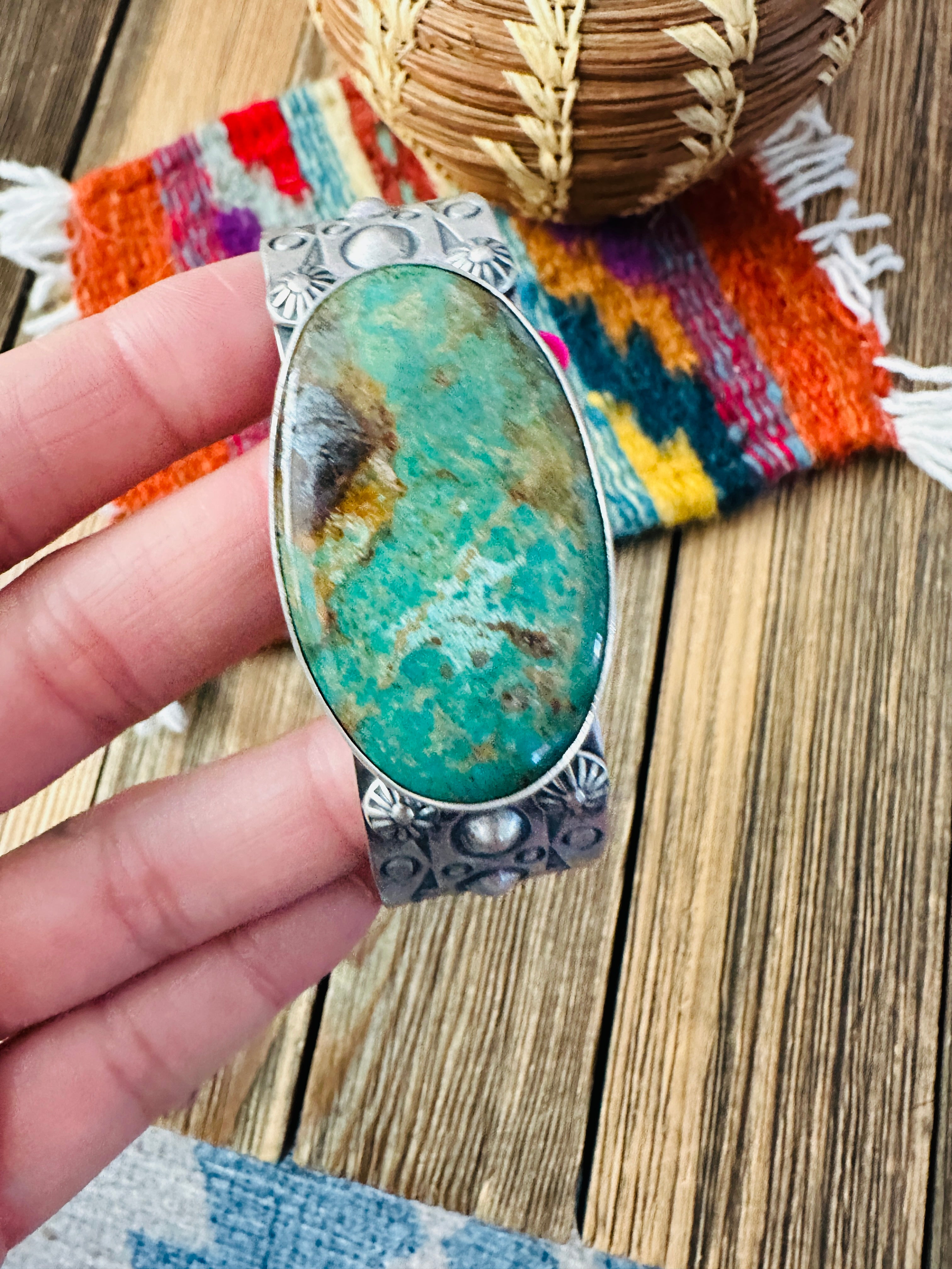 Handcrafted Royston Turquoise & Sterling Silver Cuff Bracelet by Benson Shorty