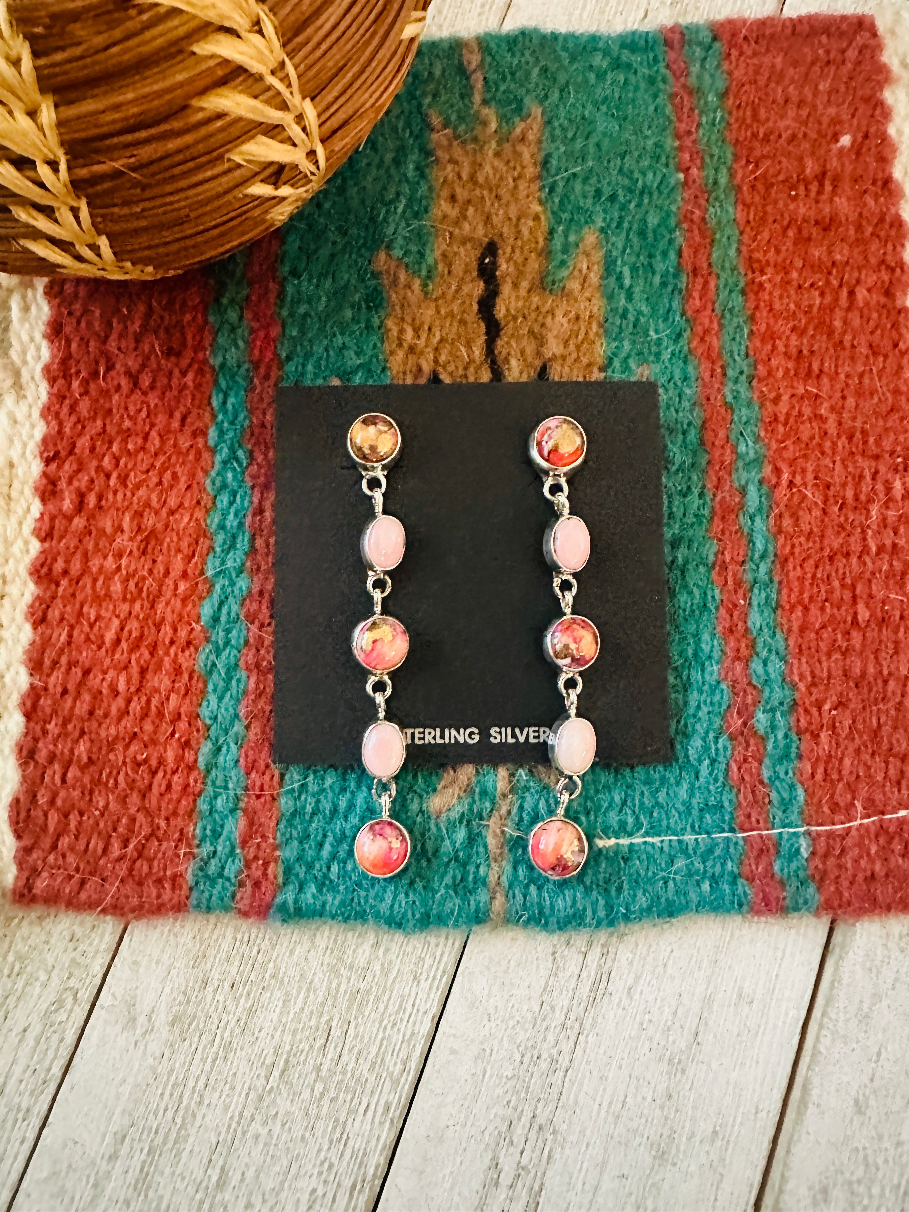 Navajo Sterling Silver, Queen Pink Conch & Pink Mojave Dangle Earrings