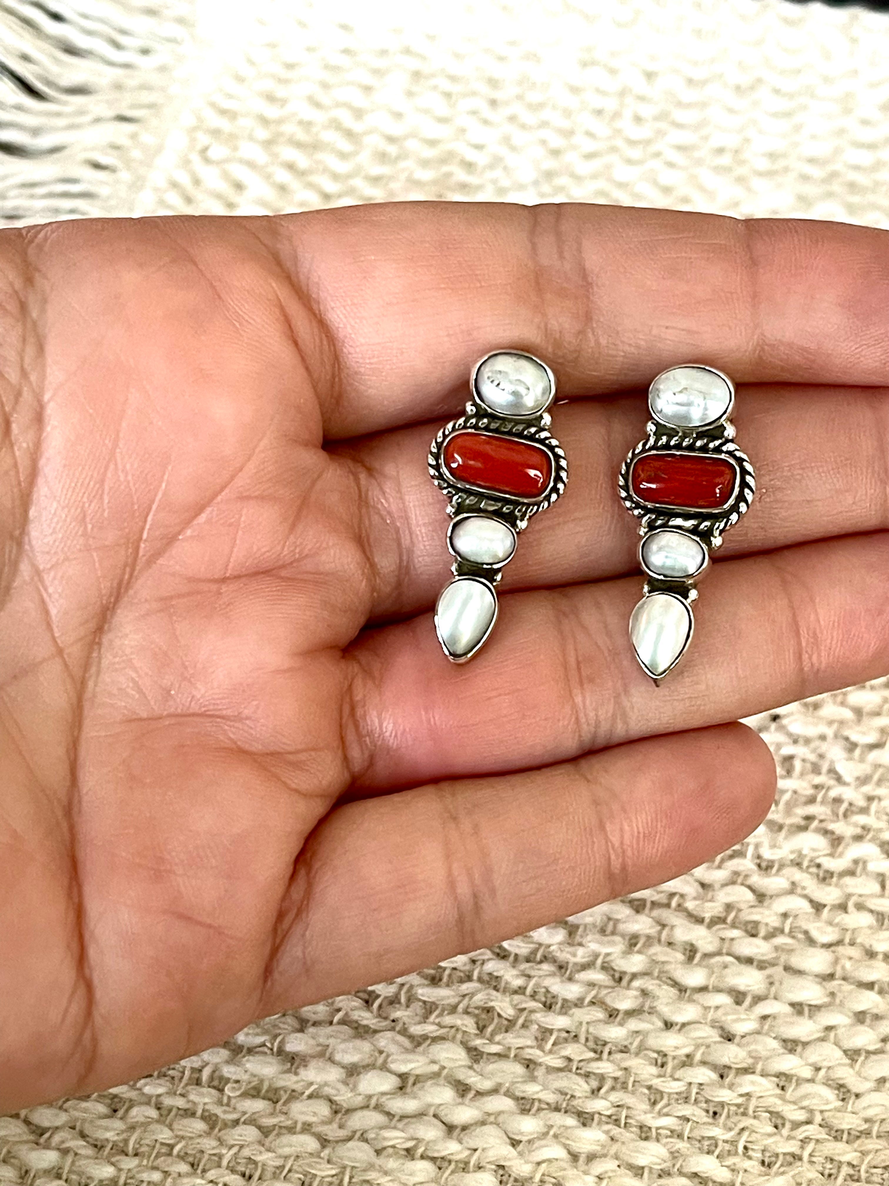 ** 4TH OF JULY ** Handmade Sterling , Silver Synthetic Opal & Coral Necklace, Earring & Ring Set with Signed Nizhoni