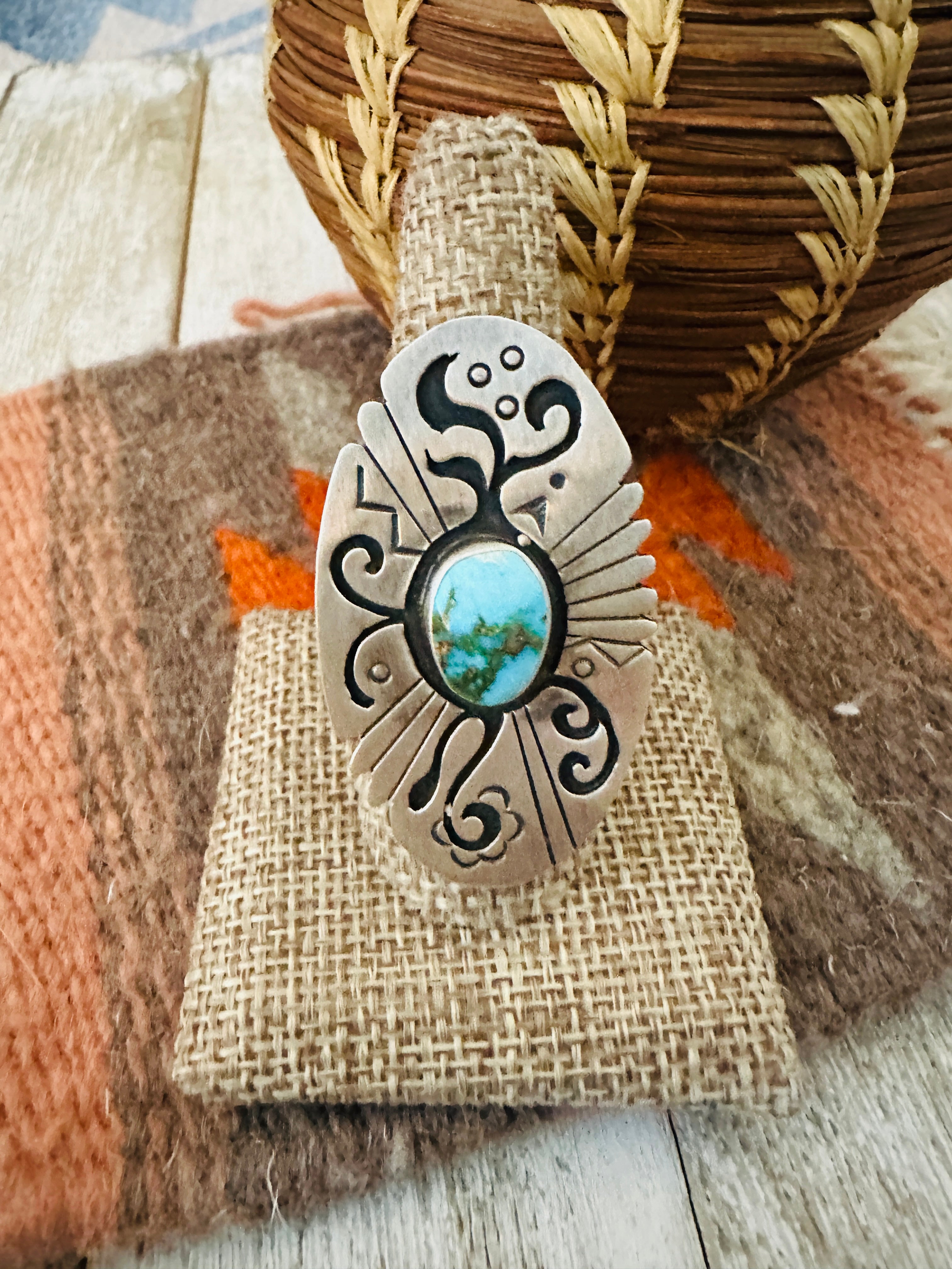 Handcrafted & Hand Stamped Sterling Silver & Sonoran Mountain Turquoise Ring Size 9