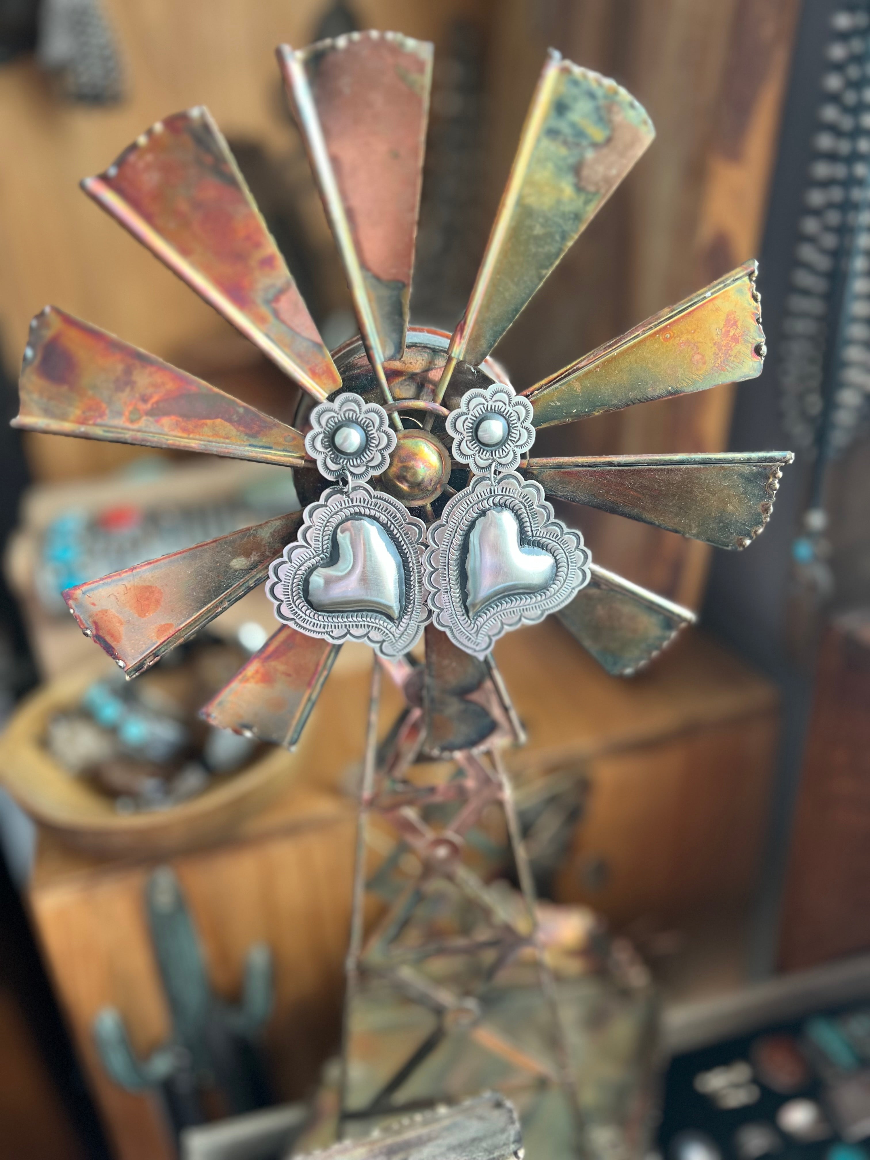 Handcrafted crafted Sterling Silver Stamped Repousse Heart Earrings by Leander Tahe, AH1