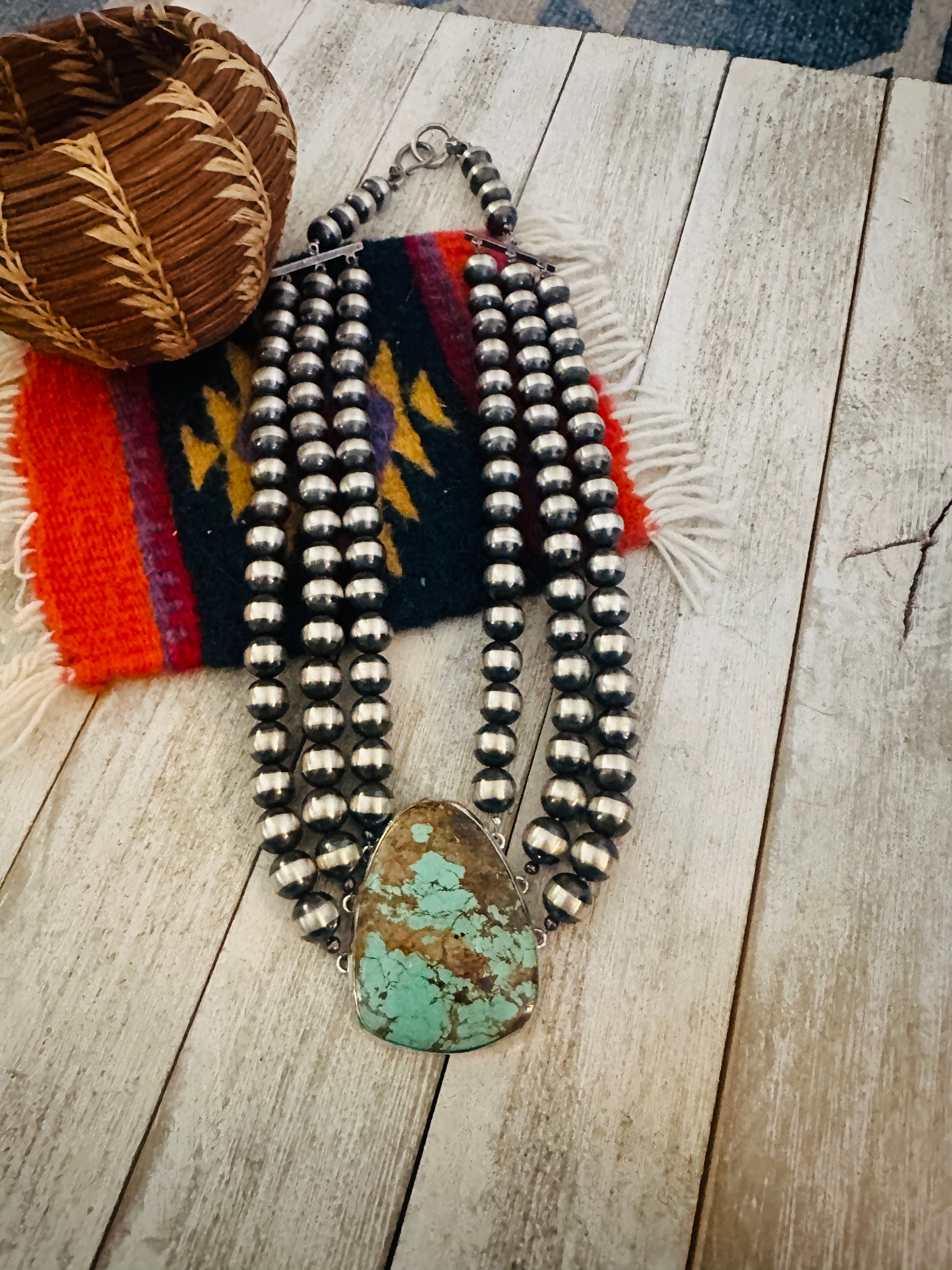 Navajo Sterling Silver & Turquoise Beaded Triple-Strand Necklace