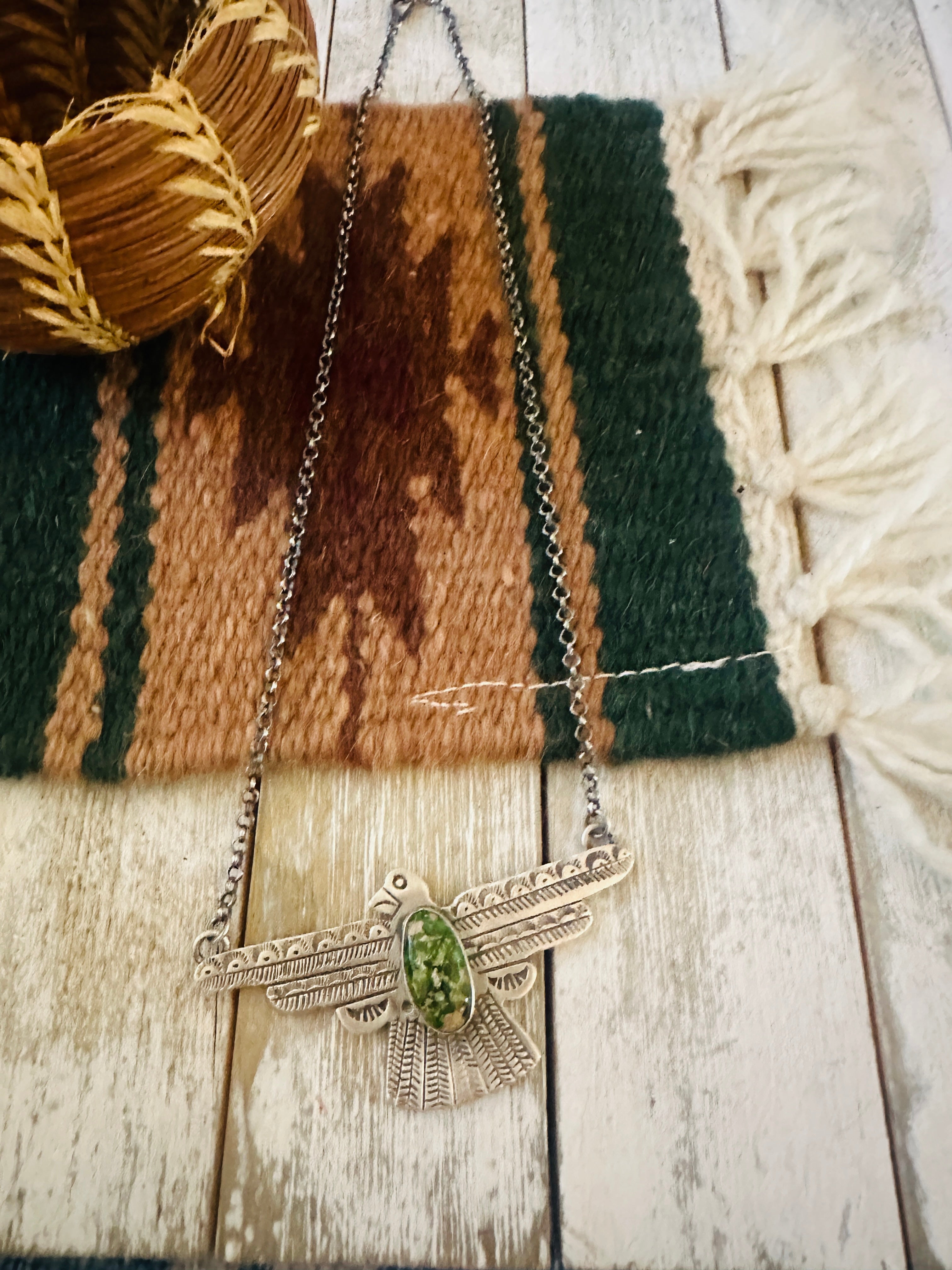 Handcrafted Turquoise & Sterling Silver Thunderbird Necklace by Russell Sam