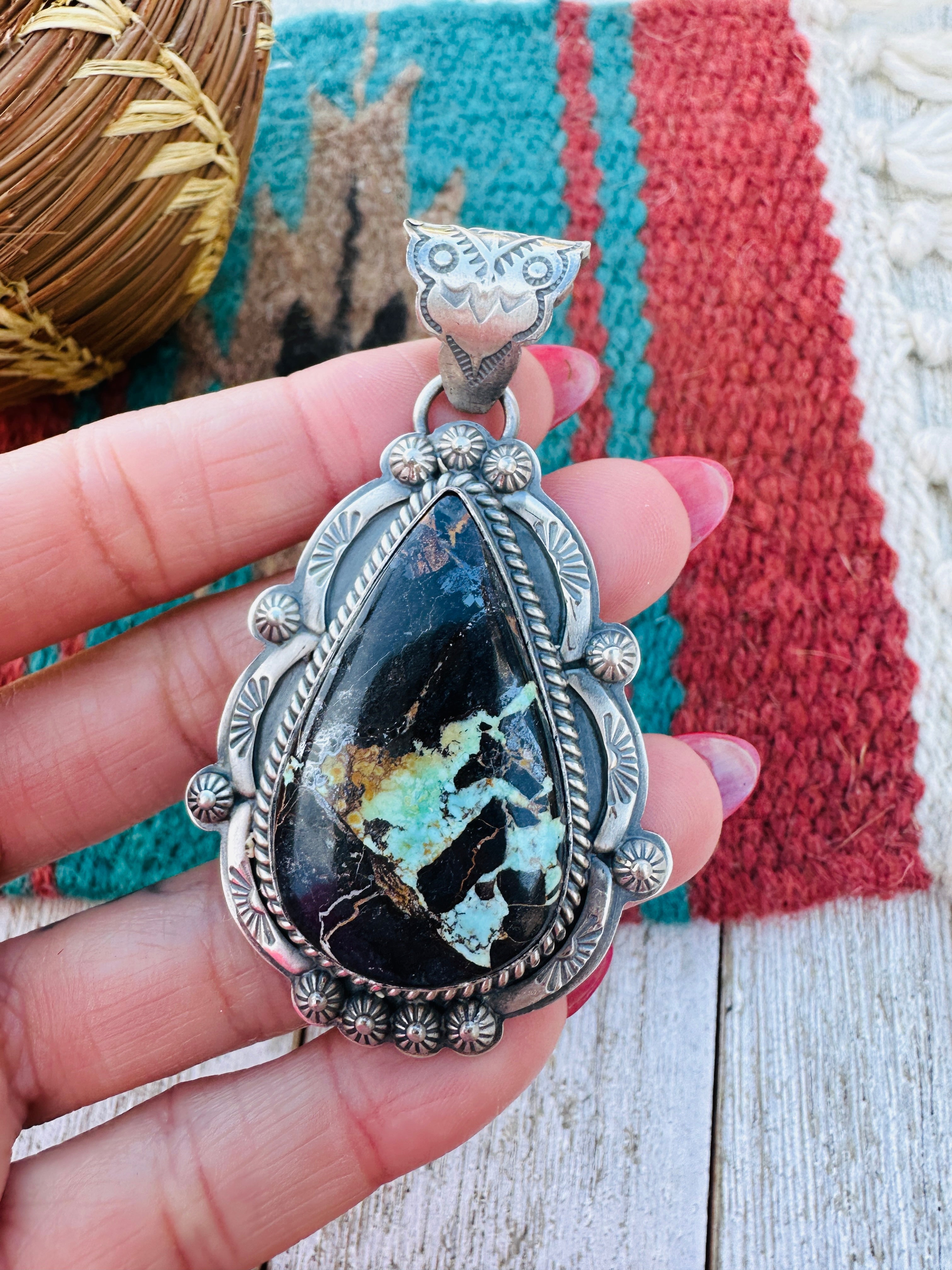 Handcrafted Sterling Silver & Blackjack Turquoise Pendant