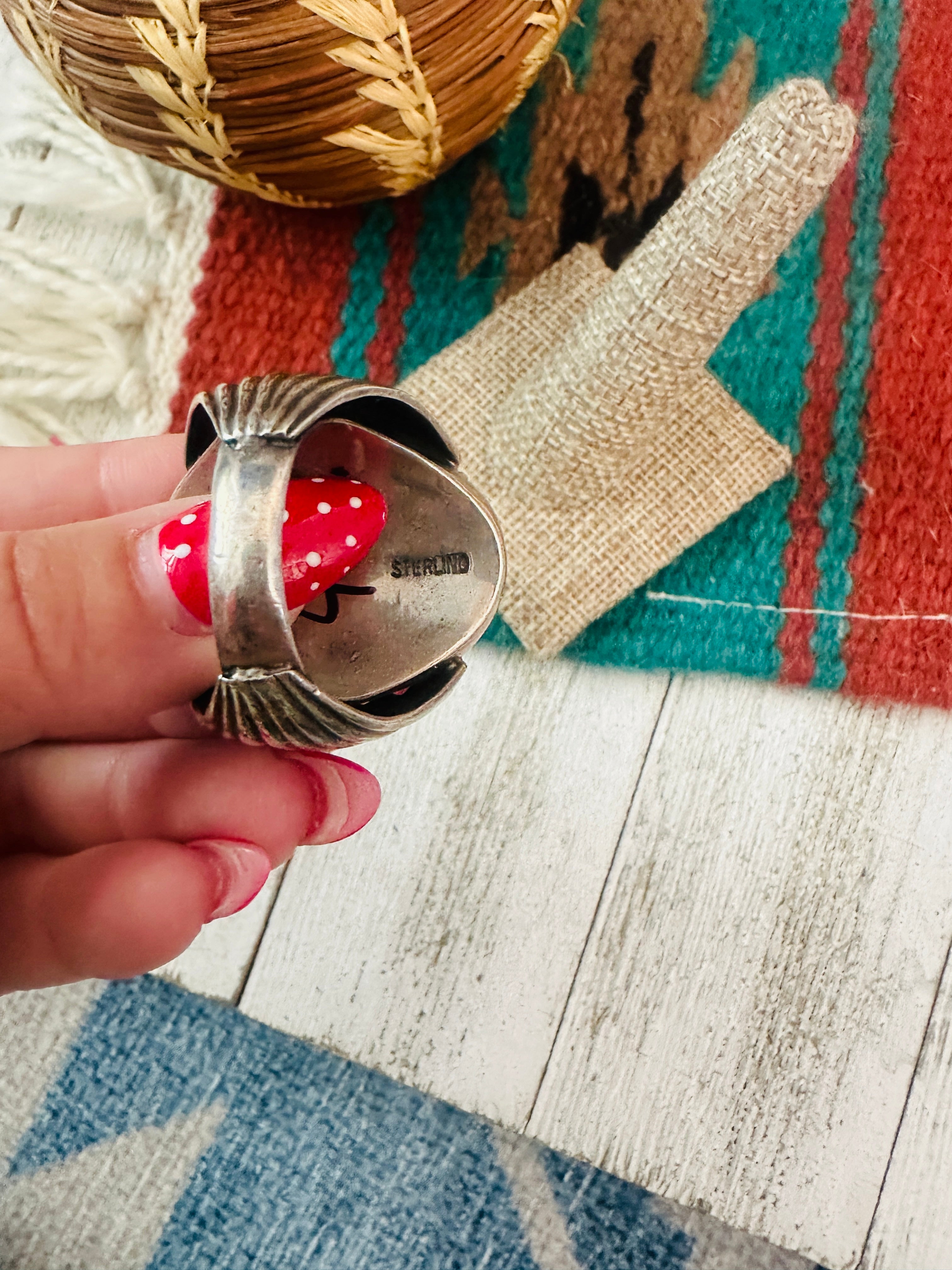 Handcrafted Old Pawn  Sterling Silver, Turquoise & Coral Claw Ring Size 11.5