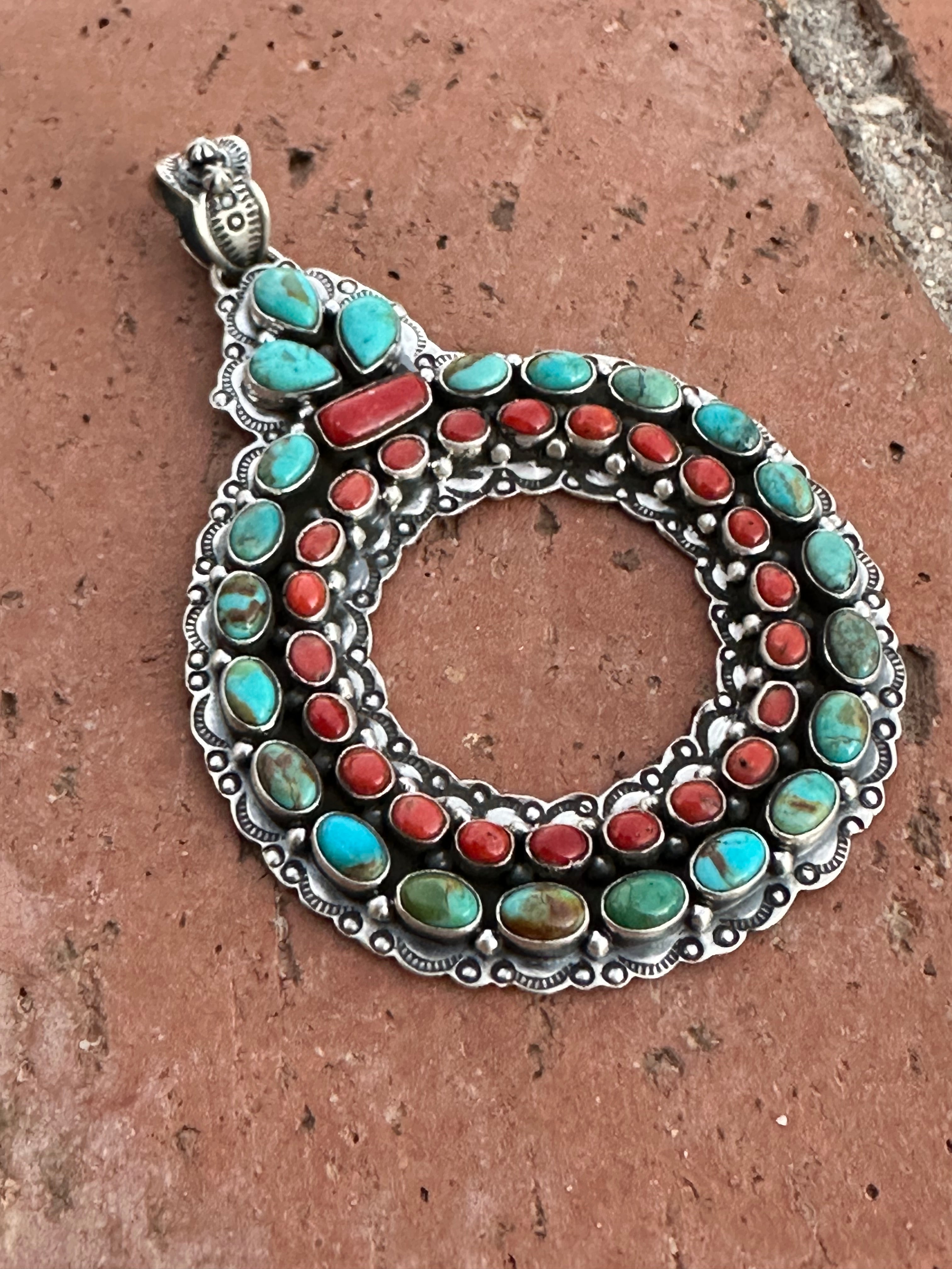 Handmade Sterling Silver, Coral & Kingman Turquoise Christmas Wreath Pendant