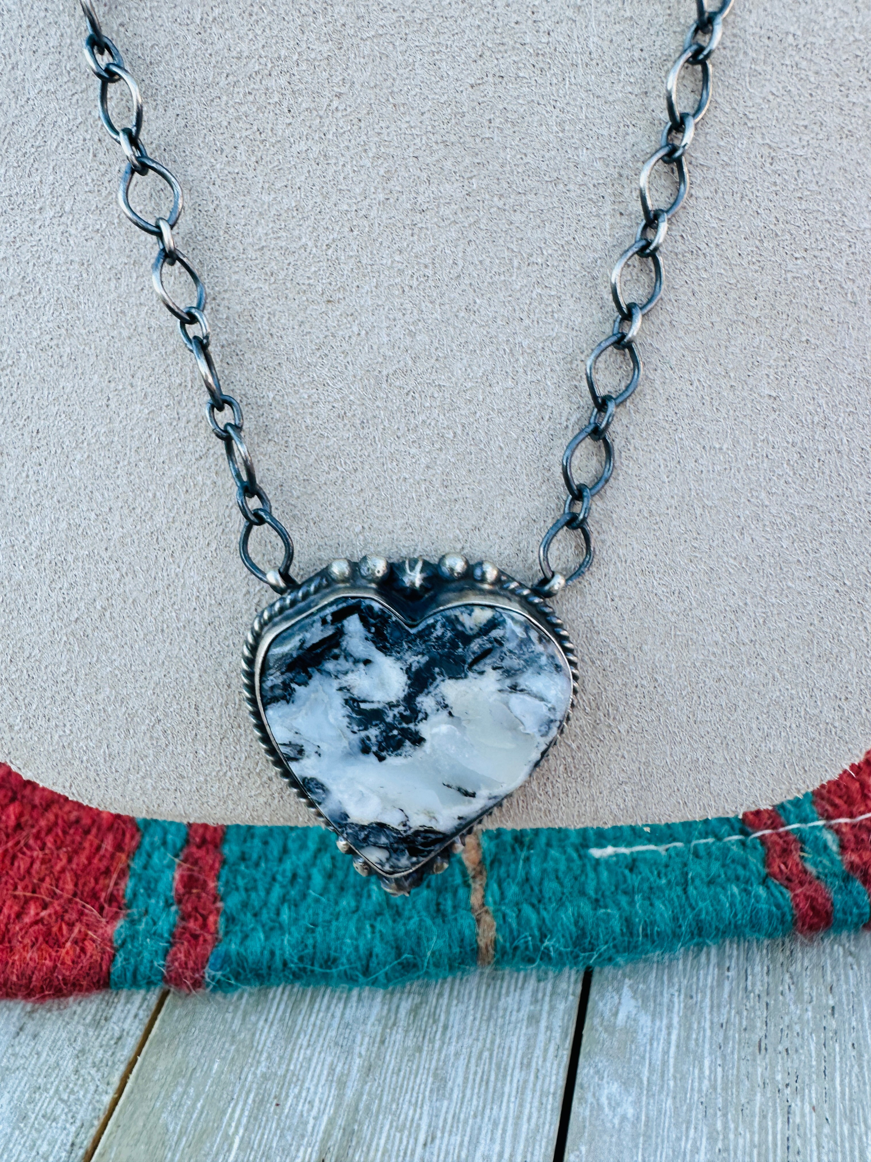 Handcrafted Sterling Silver 18” Link Chain & White Buffalo Heart Necklace