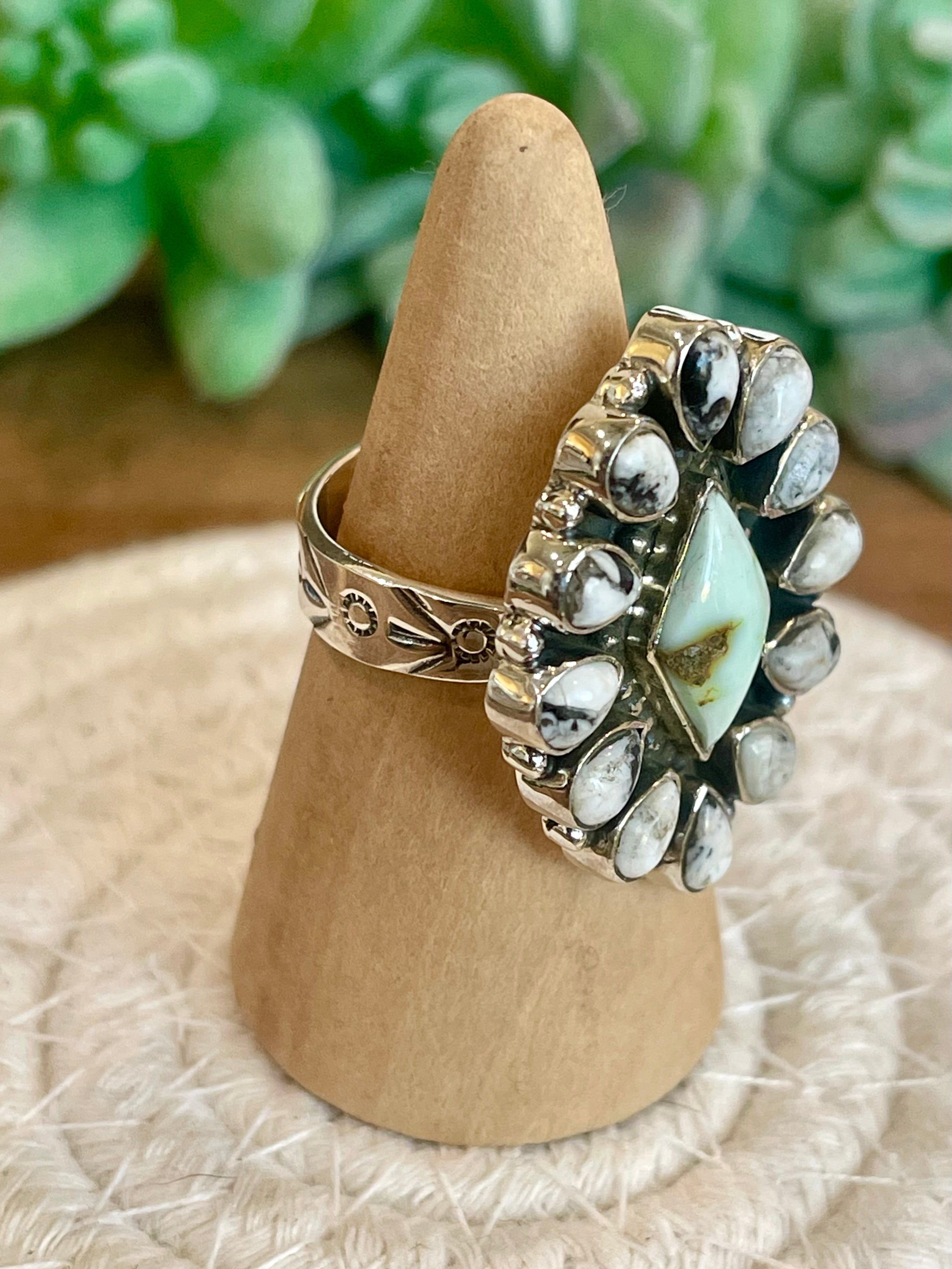 Beautiful Handmade Palomino Variscite, White Buffalo And Sterling Silver Adjustable Ring