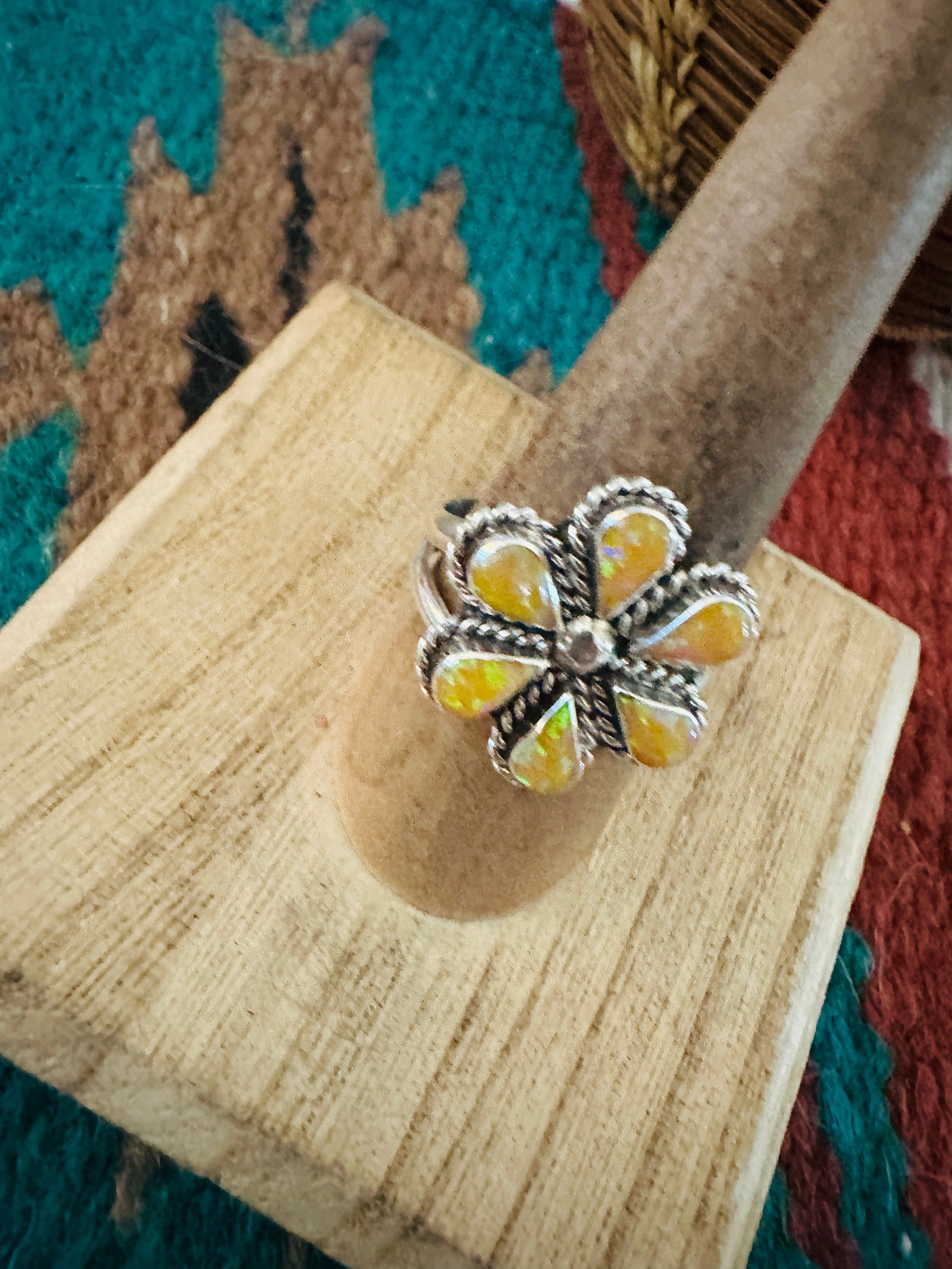 Zuni Sterling Silver & Yellow Opal Flower Ring Size 9