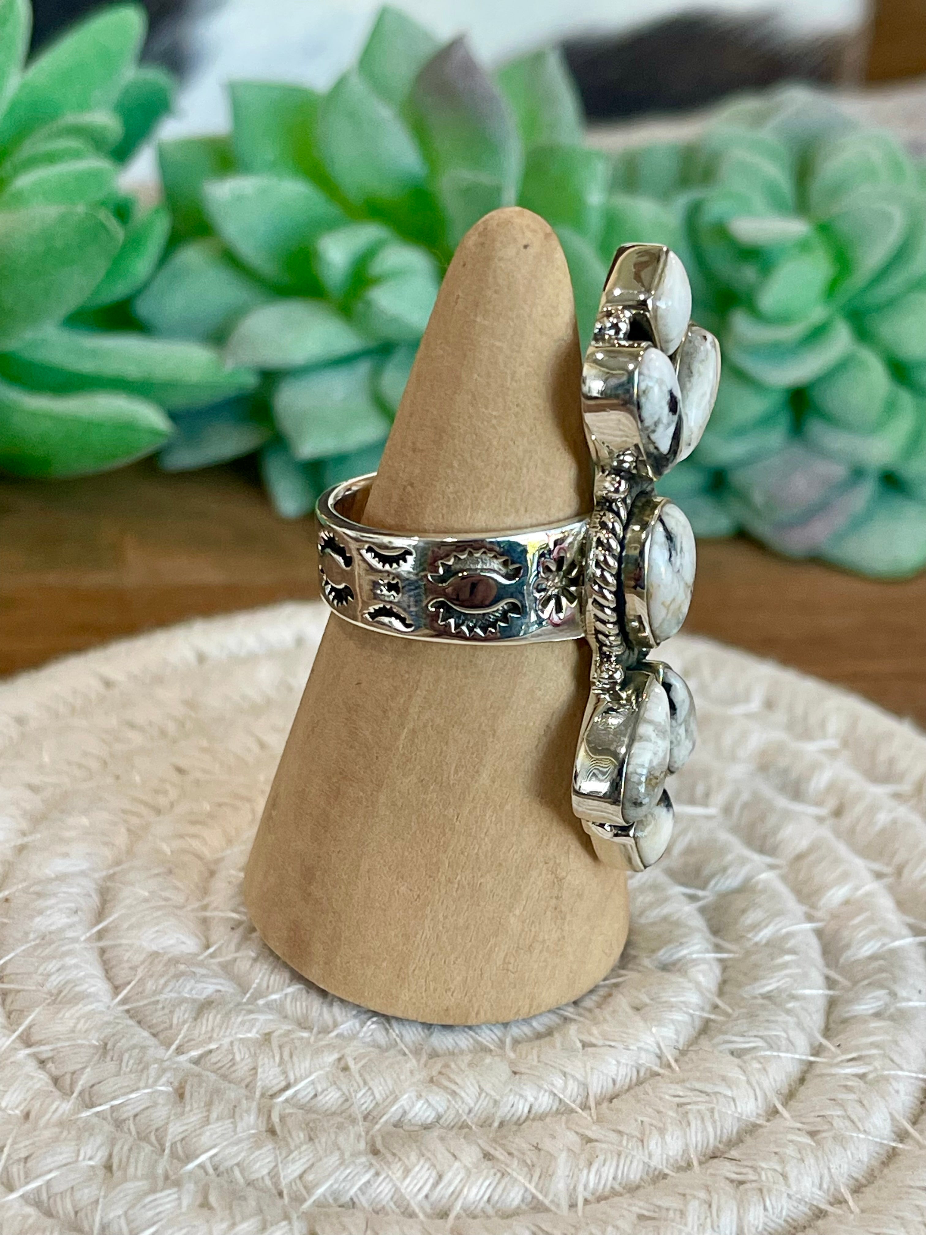 Beautiful Handmade White Buffalo And Sterling Silver Adjustable Ring