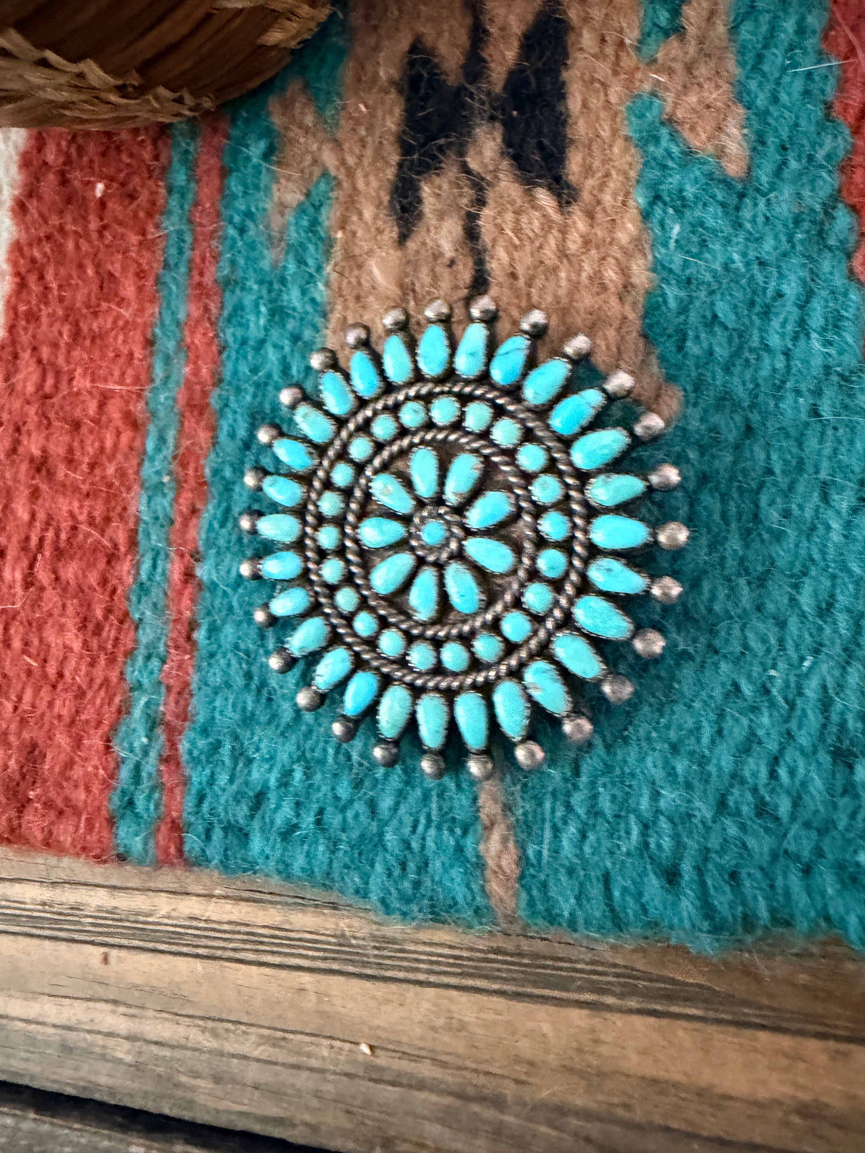 Old Pawn Handcrafted Turquoise and Sterling Silver Cluster Brooch