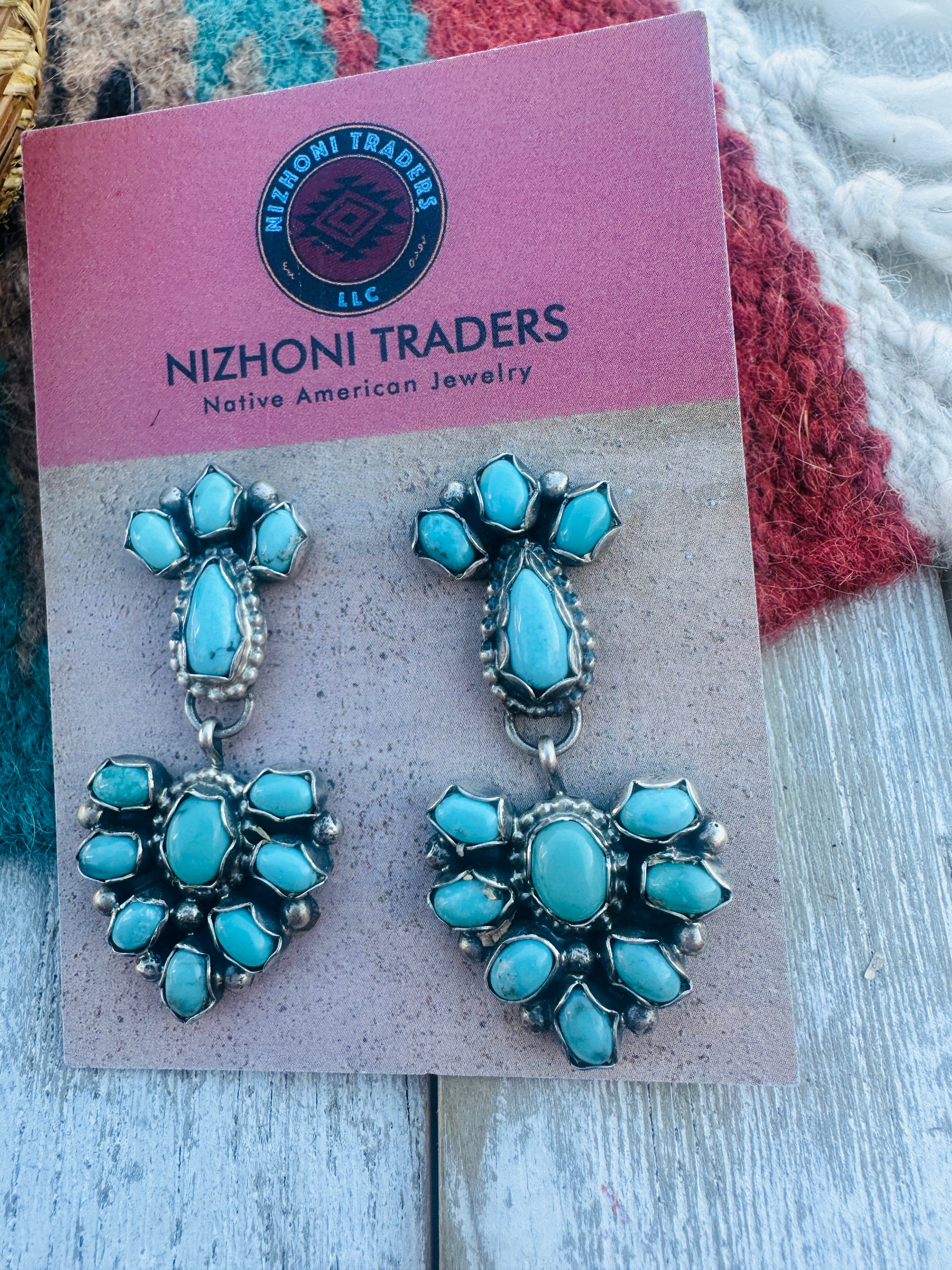 Handcrafted Turquoise And Sterling Silver Cluster Dangle Earrings by Sheila Becenti