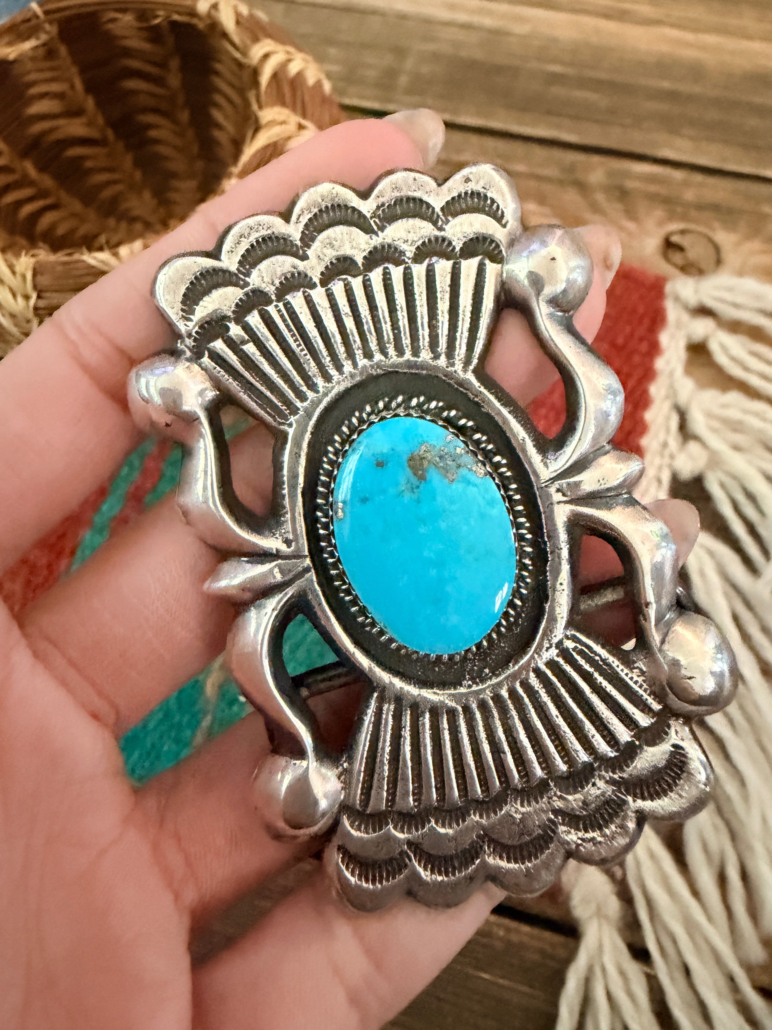 Handcrafted Vintage Old Pawn Sterling Silver and Turquoise Belt Buckle