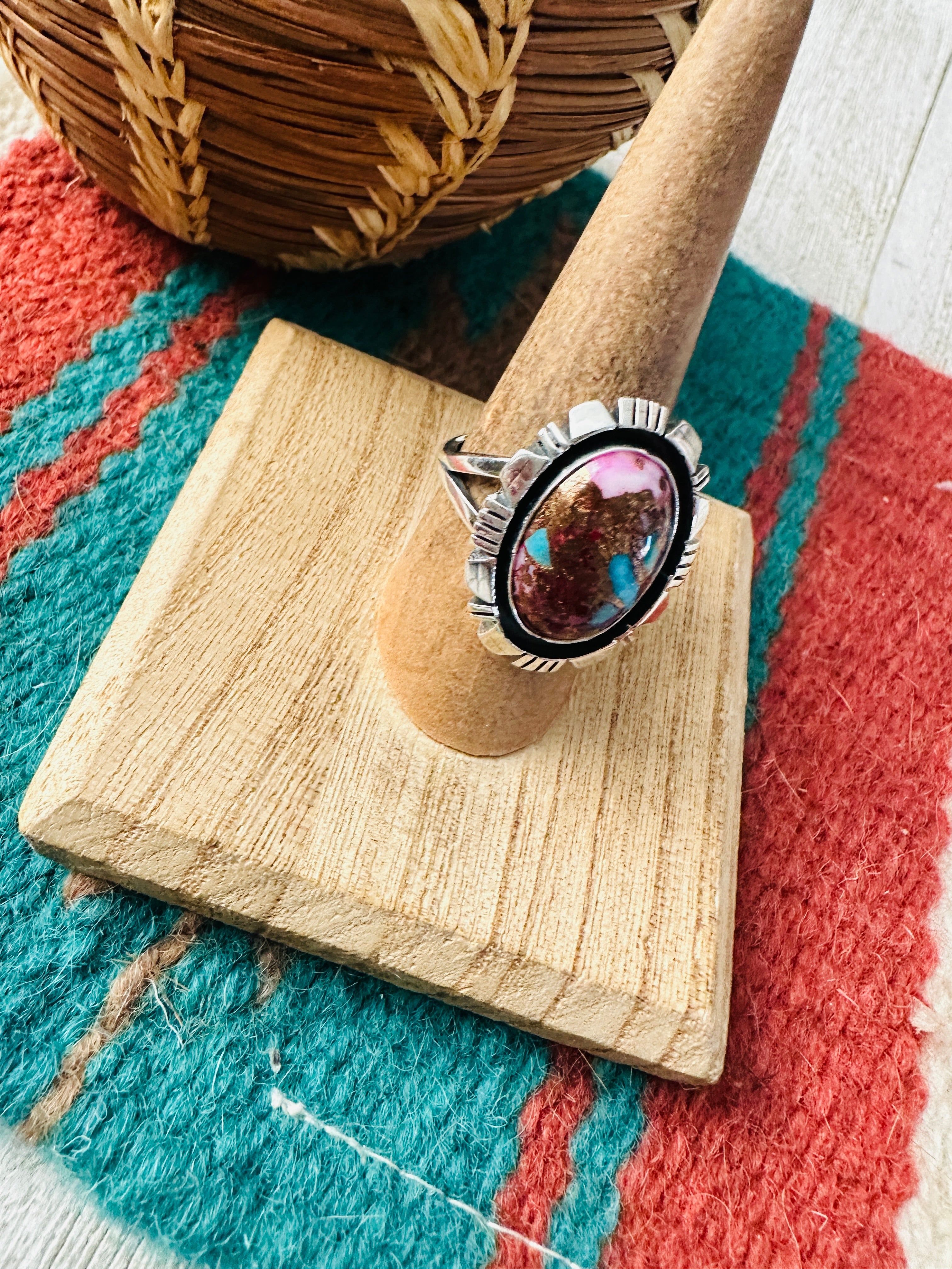 Navajo Sterling Silver & Pink Dream Mojave Adjustable Ring