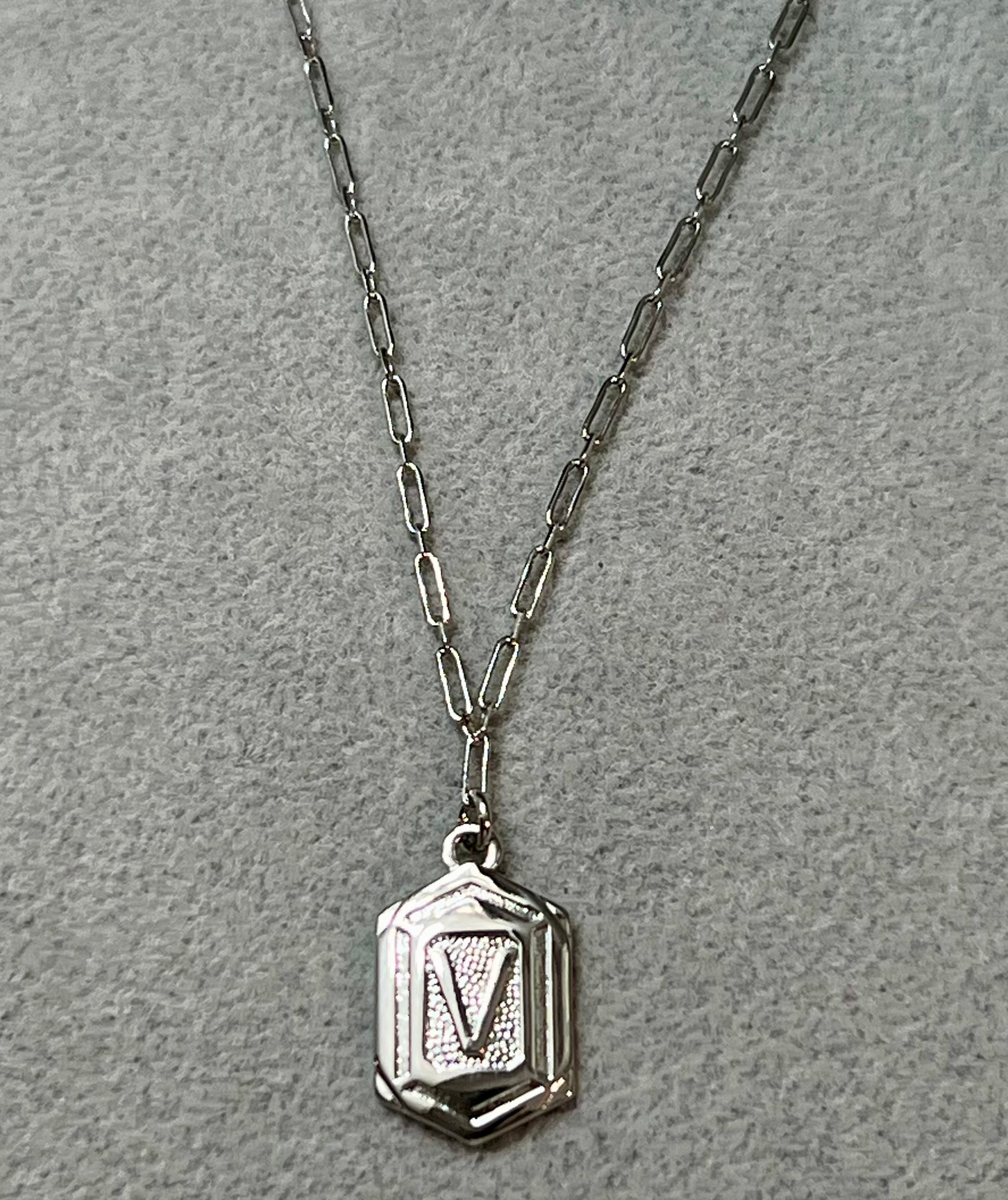 Hexagon Tag Initial “V” Pendant Necklace