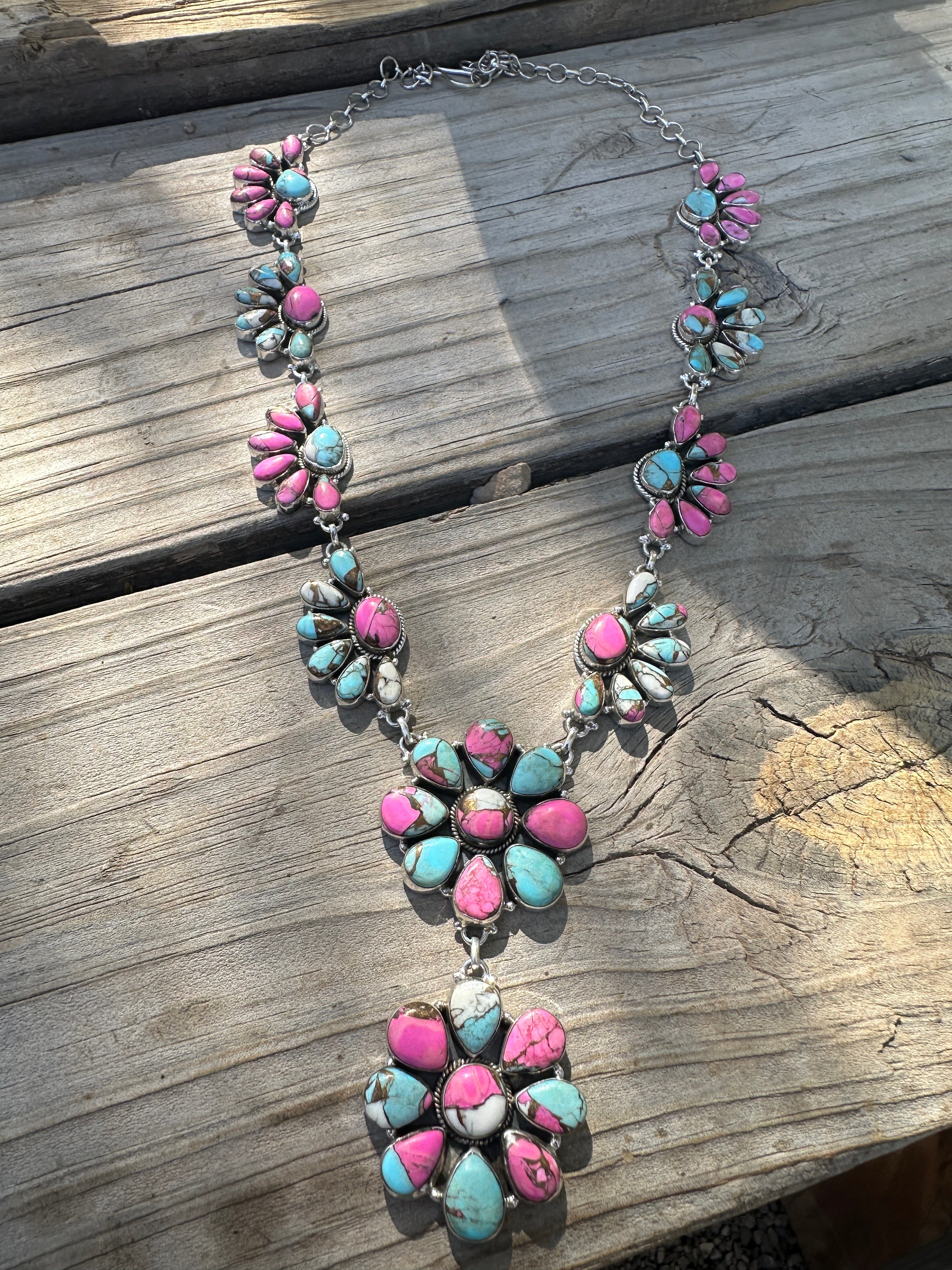 Handmade Cotton Candy Sterling Silver Lariat Cluster Necklace